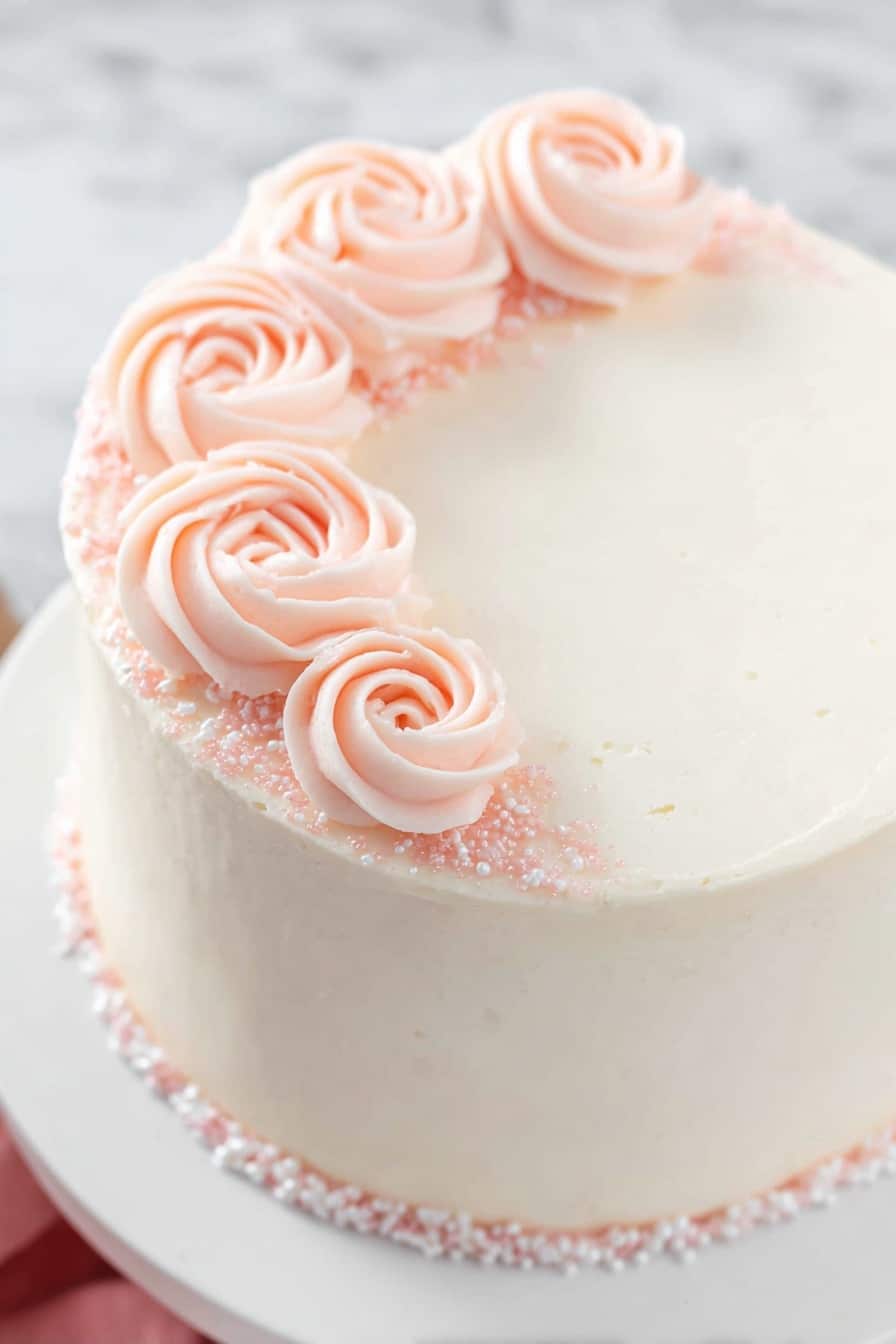 A three-layer slice of pale yellow cake sits on a white plate with a subtle textured edge, placed on a soft pink cloth over a white marbled surface. Each cake layer is separated by a thin, smooth white frosting. The top layer is coated with white frosting and decorated with light pink swirled rosettes and small white pearl-like sprinkles along the edge. A silver fork rests beside the cake slice on the plate. The light in the image is soft, giving the cake a delicate and fresh look photo taken with an iphone --ar 2:3 --v 7 - Rose Water Vanilla Layer Cake, floral vanilla layer cake, wedding cake with rose water, elegant vanilla cake recipe, homemade rose water cake