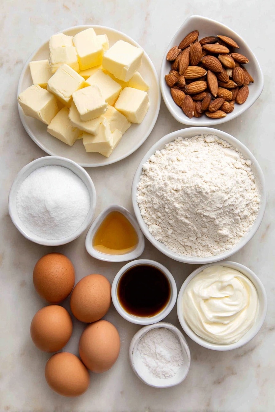 Flat lay of a handful of unsalted butter cubes, a small mound of white granulated sugar, a small bowl of thick sour cream, a small white bowl of amber amaretto liquor, four whole brown-shelled eggs arranged neatly, a small mound of all-purpose flour, a small white bowl of milk, a pinch of salt crystals, a small pile of baking soda powder, a small white bowl of heavy whipping cream, two teaspoons of clear honey in a tiny bowl, a small heap of powdered sugar, a few whole sliced almonds scattered naturally, a small white bowl containing almond extract liquid placed symmetrically, all ingredients spread with perfect balance and symmetry on a clean white ceramic surface, placed on a clean white marble surface, soft natural light, photo taken with an iPhone, professional food photography style, fresh ingredients, white ceramic bowls, no bottles, no duplicates, no utensils, no packaging --ar 2:3 --v 7 --p m7354615311229779997 - Amaretto Almond Bundt Cake, almond bundt cake recipe, Amaretto cake, almond dessert, almond liquor cake