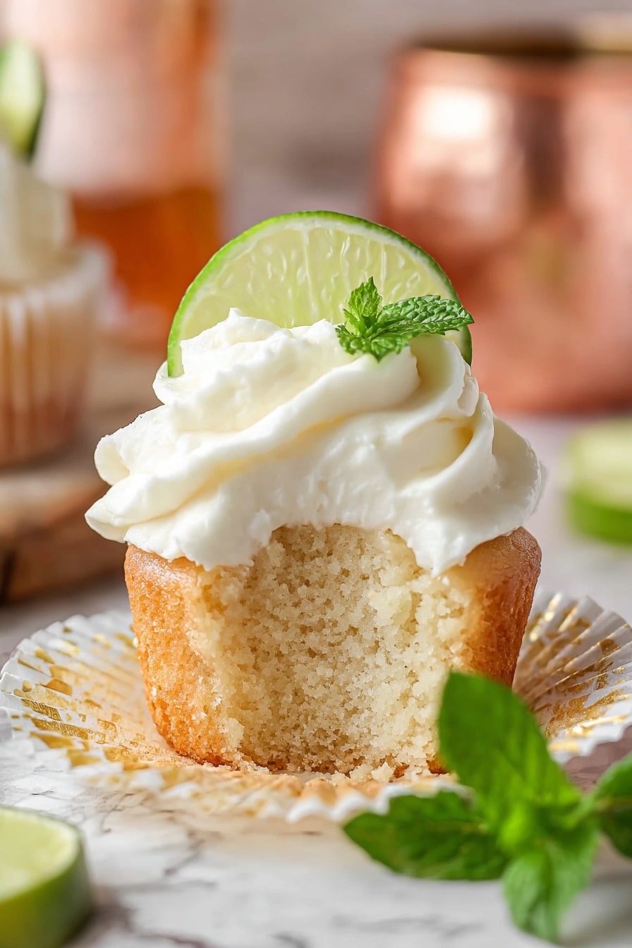 A single cupcake with a light beige spongy base that has a bite taken out of it, showing its soft texture inside. On top, there is a thick swirl of white whipped cream frosting with a smooth and fluffy look. A thin round slice of green lime and a small fresh green mint leaf are placed on the frosting near the back. The cupcake sits in an opened white paper liner with golden lines. To the right bottom corner, there is another small green mint leaf resting on the surface, which has a white marbled texture. In the distant background, parts of a copper mug, another cupcake, and blurry objects create a soft warm atmosphere. Photo taken with an iphone --ar 2:3 --v 7 - Ginger Moscow Mule Cupcake, Moscow Mule cupcake, spicy ginger cupcake, citrus ginger dessert, unique cupcake recipes