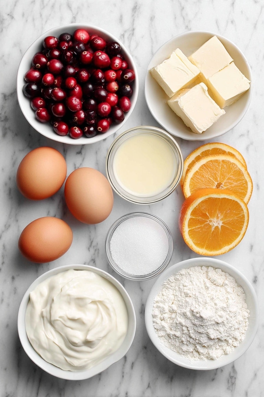 Flat lay of fresh bright red cranberries, a few whole uncracked brown eggs, a small mound of pale yellow unsalted butter, a small heap of granulated white sugar, a small bowl of fresh sour cream, a few thin strips of vibrant orange zest, a small bowl of freshly squeezed orange juice, a small bowl of pale golden champagne, a small bowl of clear water, a small bowl of smooth powdered sugar, a few slices of bright orange, all arranged in perfect symmetry with simple white ceramic bowls placed on a clean white marble surface, soft natural light, photo taken with an iPhone, professional food photography style, fresh ingredients, white ceramic bowls, no bottles, no duplicates, no utensils, no packaging --ar 2:3 --v 7 --p m7354615311229779997 - Cranberry Champagne Cupcakes, festive champagne cupcakes, holiday cranberry cupcakes, elegant cranberry dessert, sparkling cupcake recipes