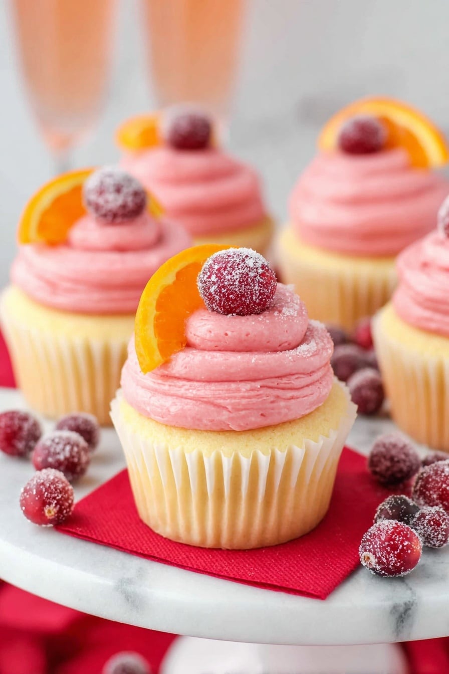 A close-up shows a white cupcake with a bite taken out of the bottom layer, revealing a soft yellow cake texture. On top is one thick, smooth layer of bright pink frosting swirled in a rounded shape. The cupcake is decorated with a thin slice of bright orange, one dark red grape, and one frosted cranberry with a white sugary coating, all placed on top of the frosting. Surrounding the cupcake are more frosted cranberries scattered on a white marbled surface. In the background, a white cake stand holds several more cupcakes with the same frosting and fruit decorations, slightly blurred. Photo taken with an iphone --ar 2:3 --v 7 - Cranberry Champagne Cupcakes, festive champagne cupcakes, holiday cranberry cupcakes, elegant cranberry dessert, sparkling cupcake recipes