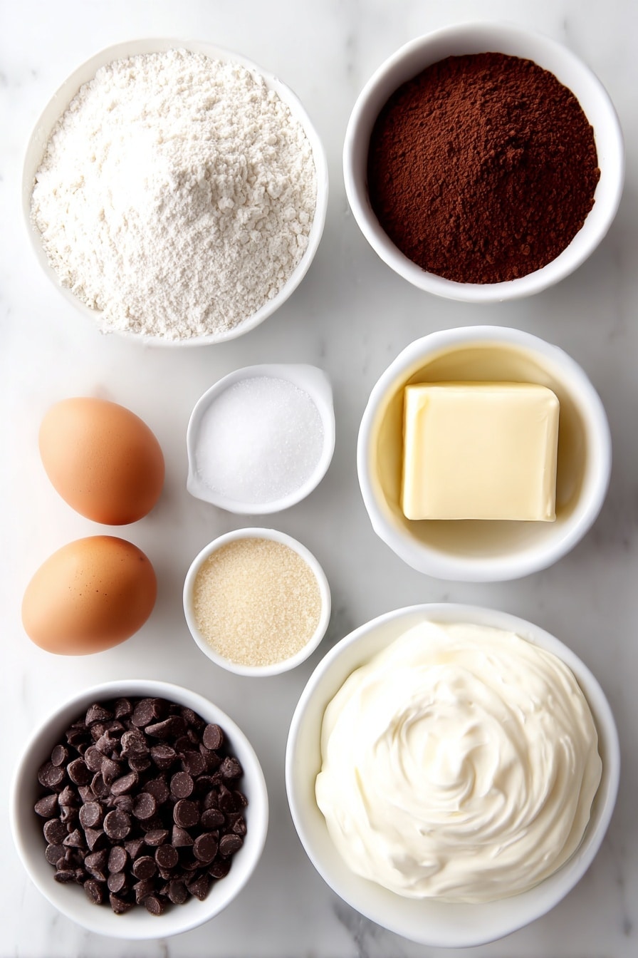 Flat lay of a small mound of all-purpose flour, a heap of rich Dutch-process cocoa powder, a small pile of fine salt, a small amount of baking powder, a softened stick of unsalted butter, a small heap of light brown sugar, a small heap of granulated white sugar, two whole uncracked brown eggs, a small white bowl filled with glossy semi-sweet chocolate chips, a small white bowl containing thick heavy whipping cream, all arranged with perfect symmetry on simple white ceramic bowls and plates, placed on a clean white marble surface, soft natural light, photo taken with an iPhone, professional food photography style, fresh ingredients, white ceramic bowls, no bottles, no duplicates, no utensils, no packaging --ar 2:3 --v 7 --p m7354615311229779997 - Chocolate Thumbprint Cookies with Ganache, easy chocolate thumbprint cookies, decadent thumbprint cookie recipe, holiday chocolate cookies, quick chocolate dessert