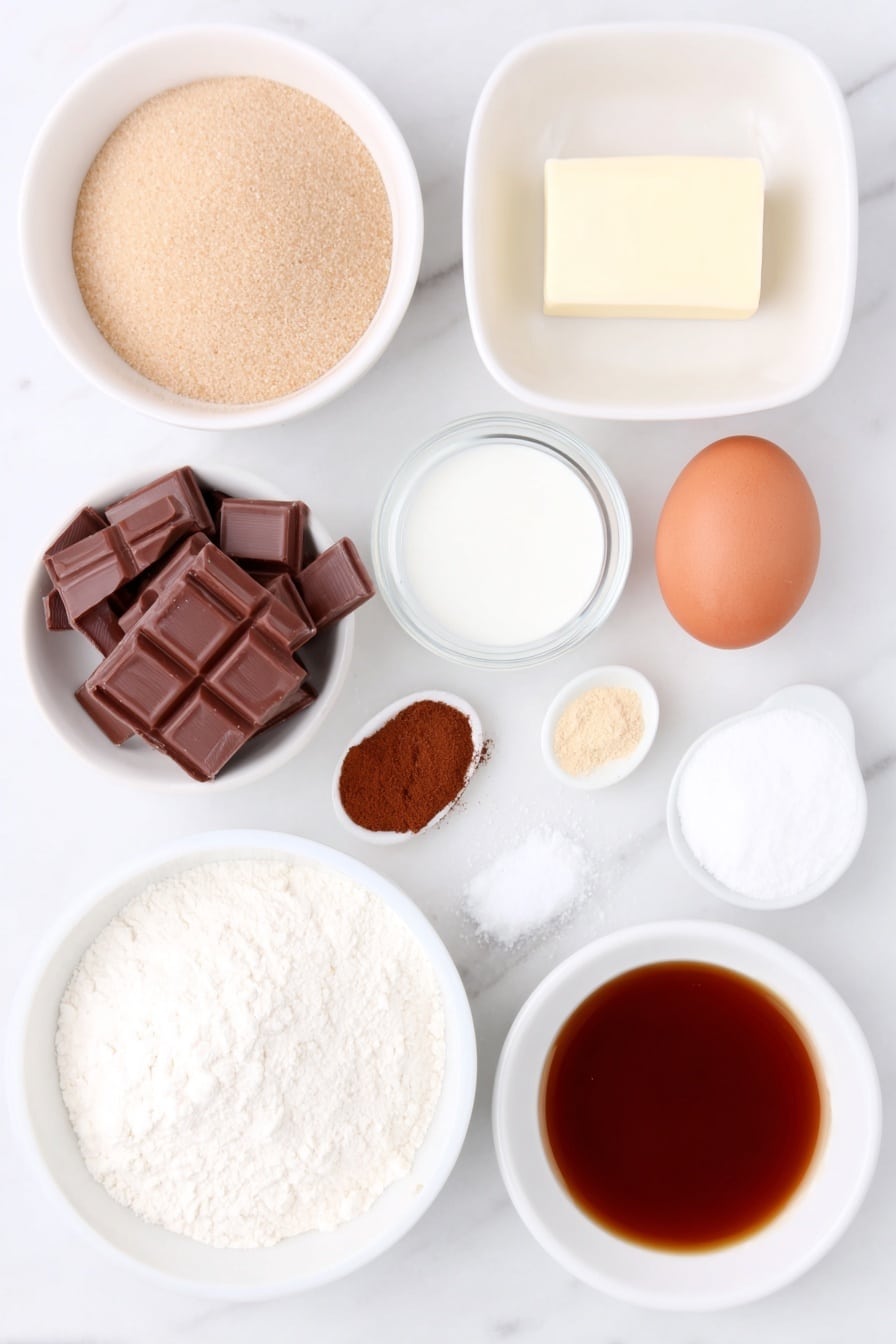 Flat lay of a small mound of packed brown sugar, a softened stick of pale yellow butter, a glossy pool of dark amber molasses in a white ceramic bowl, a whole uncracked brown egg, a small white bowl with clear vanilla extract, a neat pile of white all-purpose flour, a small heap of golden baking soda powder, a heap of ground cinnamon powder, a heap of ground ginger powder, a small pile of ground cloves, a small pinch of fine salt, a small white bowl filled with sparkling granulated sugar, and a cluster of smooth mini peanut butter cups unwrapped, all arranged symmetrically on a simple white ceramic surface placed on a clean white marble surface, soft natural light, photo taken with an iPhone, professional food photography style, fresh ingredients, white ceramic bowls, no bottles, no duplicates, no utensils, no packaging --ar 2:3 --v 7 --p m7354615311229779997 - Peanut Butter Cup Stuffed Ginger Cookies, Ginger Cookies with Peanut Butter Cups, Spicy Ginger Cookies, Holiday Ginger Cookies, Easy Ginger Cookie Recipe