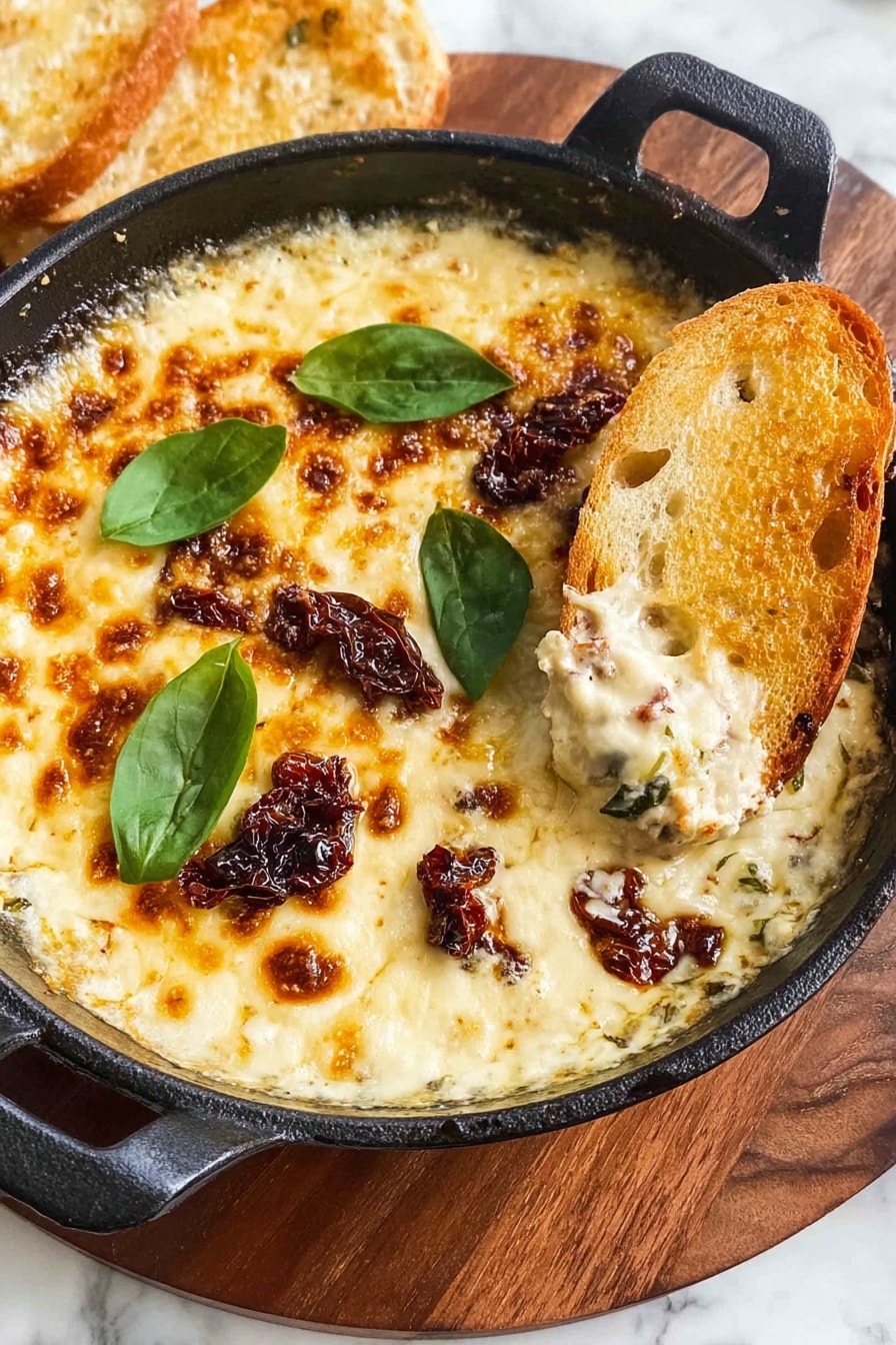 A black cast iron skillet holds one layer of melted cheese that is golden and bubbly with some browned spots on top. In the middle, there is a small pile of dark red sun-dried tomatoes topped with two fresh green basil leaves. The skillet is placed on a round wooden board, and around it are several slices of toasted white bread. The whole scene is set on a white marbled surface. photo taken with an iphone --ar 2:3 --v 7 - Tuscan Cheese Dip with Sun-Dried Tomatoes, Italian cheese dip recipe, creamy sun-dried tomato appetizer, easy cheese and spinach dip, party dip with sun-dried tomatoes