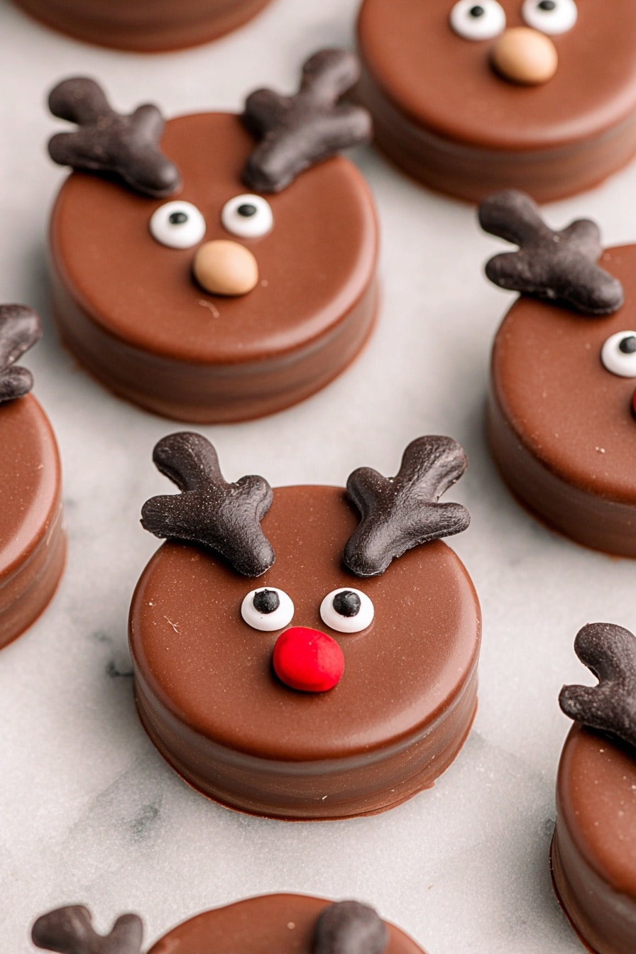A beige plate holds ten round chocolate treats shaped like reindeer faces, each topped with two dark chocolate antlers at the top. Every reindeer face has two small black candy eyes, and a candy nose that is either red or brown. The plate sits on a white marbled surface surrounded by small bowls filled with red candies and coffee beans. There are two glass bottles filled with milk and striped paper straws in red, green, and white. Broken Oreo cookies, red and green bell decorations, and felt reindeer decorations with red noses and brown antlers also appear on the white marbled background. photo taken with an iphone --ar 2:3 --v 7 - Reindeer Oreo Cookies, festive holiday cookies, Christmas dessert ideas, easy holiday treats, adorable reindeer cookies