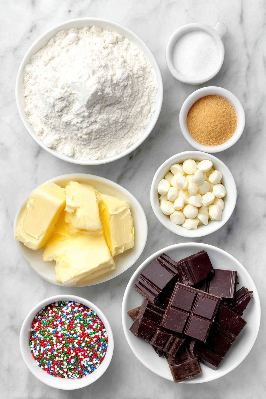 Flat lay of a small mound of all-purpose flour, a small white bowl of baking soda powder, a small white bowl of salt, a half cup of unsalted butter at room temperature, a small white bowl of light brown sugar, a small white bowl of granulated sugar, one large whole egg with a clean shell, a small white bowl of vanilla extract, a small white bowl of semi-sweet chocolate chunks, a small white bowl of white chocolate chips, a small white bowl of red and green M&M's, a small white bowl of red and green sprinkles placed symmetrically on a clean white marble surface, soft natural light, photo taken with an iPhone, professional food photography style, fresh ingredients, white ceramic bowls, no bottles, no duplicates, no utensils, no packaging --ar 2:3 --v 7 --p m7354615311229779997 - Christmas Chocolate Chip Cookies, festive holiday cookies, chewy chocolate chip cookies, holiday cookie recipes, colorful Christmas cookies