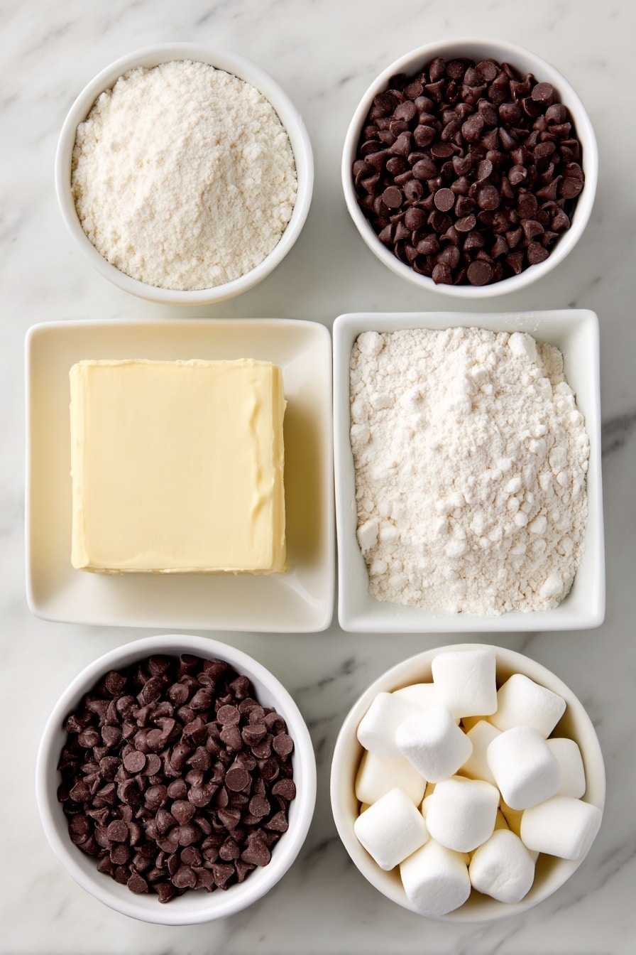 Flat lay of a small square of unsalted butter, a small white ceramic bowl filled with semisweet chocolate chips, a small white ceramic bowl of all-purpose flour, a small white ceramic bowl holding unsweetened cocoa powder, a small white ceramic bowl with baking powder, a small white ceramic bowl containing salt, a small white ceramic bowl filled with packed light brown sugar, three whole uncracked brown eggs, a small white ceramic bowl with vanilla extract, a small white ceramic bowl holding halved marshmallows, a small white ceramic bowl with confectioners sugar, a small white ceramic bowl with melted butter, and a small white ceramic bowl of hot water, all arranged in perfect symmetry, placed on a clean white marble surface, soft natural light, photo taken with an iPhone, professional food photography style, fresh ingredients, white ceramic bowls, no bottles, no duplicates, no utensils, no packaging --ar 2:3 --v 7 --p m7354615311229779997 - Hot Chocolate Cookies with Marshmallows, chocolate cookies with marshmallows, cozy chocolate treat, easy hot chocolate cookies, gooey marshmallow cookies