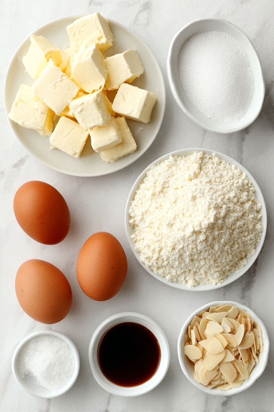 Flat lay of cold unsalted butter cut into small cubes on a simple white ceramic plate, a small white bowl filled with granulated sugar, two whole uncracked brown eggs, a small white bowl holding a clear almond extract liquid, a small white bowl with vanilla extract, a small mound of almond flour placed neatly on a white ceramic plate, a pinch of salt in a tiny white bowl, and a small white bowl containing thinly sliced almonds, all arranged in perfect symmetry on a clean white marble surface, soft natural light, photo taken with an iPhone, professional food photography style, fresh ingredients, white ceramic bowls, no bottles, no duplicates, no utensils, no packaging --ar 2:3 --v 7 --p m7354615311229779997 - Almond Butter Cookies, Almond Butter Cookies Recipe, Nutty Cookie Recipe, Easy Almond Cookies, Healthy Almond Cookies