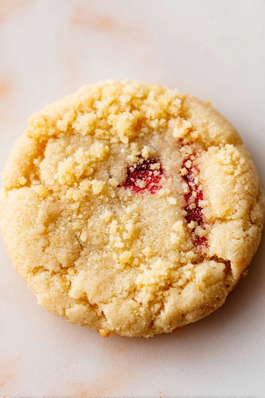 A close-up view of a stack of soft oatmeal cookies with visible red cherry bits baked inside, arranged in two layers on a white marbled surface; the bottom layer has two cookies, one with a bite taken out showing a chewy texture inside, sprinkled with crumbly bits on top, while the top layer is a taller stack of about four cookies slightly leaning to the side. The cookies are golden brown with a rough, textured surface and small crunchy crumbs scattered around. Photo taken with an iphone --ar 2:3 --v 7 - Strawberry Shortcake Cookies, strawberry cookies recipe, shortbread strawberry cookies, easy strawberry dessert, homemade strawberry cookies
