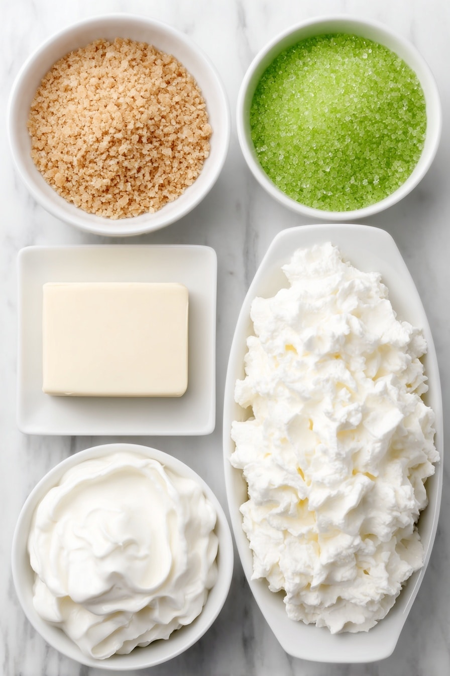 Flat lay of a small mound of golden graham cracker crumbs in a simple white ceramic bowl, a square slab of unsalted butter on a white ceramic plate, a small white bowl filled with steaming boiling water, a small white bowl containing vibrant green lime gelatin powder, a dollop of creamy plain Greek yogurt on a white ceramic dish, and a fluffy mound of thawed Cool Whip in a white ceramic bowl, all arranged in perfect symmetry, placed on a clean white marble surface, soft natural light, photo taken with an iPhone, professional food photography style, fresh ingredients, white ceramic bowls, no bottles, no duplicates, no utensils, no packaging --ar 2:3 --v 7 --p m7354615311229779997 - Lime Jello Pie, Lime Jello Pie recipe, tangy lime dessert, no-bake lime pie, easy summer dessert