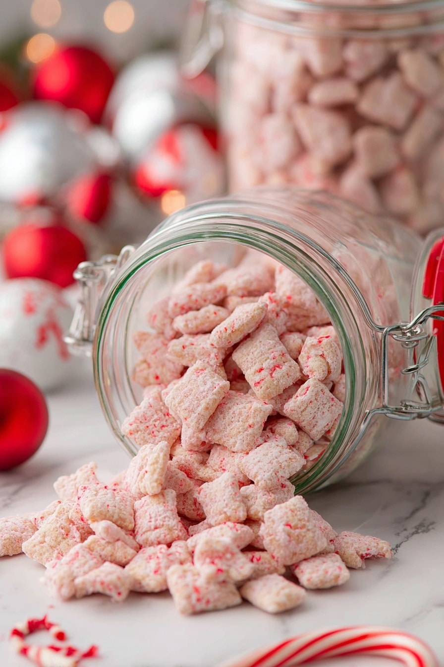 The image shows a large metal baking sheet filled with many small square cereal pieces coated in a light pink layer with tiny red specks. The cereal pieces cover almost the entire surface of the tray, except for a section in the bottom right where a bright red spoon scoops up a small pile. The pink coating looks smooth and powdery, giving the cereal a soft, textured appearance. The baking sheet sits on a white marbled surface, adding a clean background to the image. photo taken with an iphone --ar 2:3 --v 7 - Peppermint Bark Puppy Chow, festive puppy chow, holiday snack recipes, peppermint treats, crunchy cereal snacks