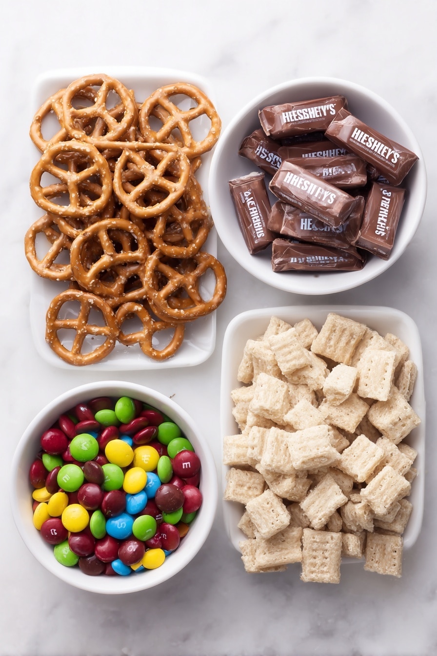 Flat lay of square mini pretzels arranged neatly beside unwrapped Hershey’s hugs chocolates and a small white ceramic bowl filled with red and green M&M's, all fresh and natural, placed on a clean white marble surface, soft natural light, photo taken with an iPhone, professional food photography style, fresh ingredients, white ceramic bowls, no bottles, no duplicates, no utensils, no packaging --ar 2:3 --v 7 --p m7354615311229779997 - Chocolate Pretzel Hugs with M&Ms, easy holiday treats, no-bake chocolate snacks, salty sweet pretzel bites, festive chocolate M&Ms desserts