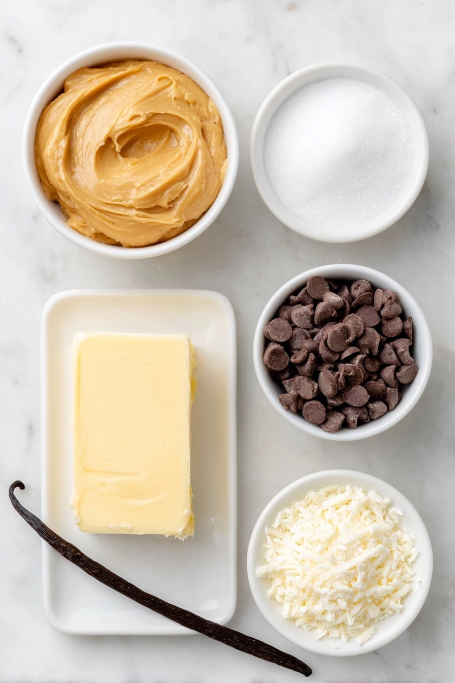 Flat lay of a small white ceramic bowl of smooth creamy peanut butter, a chunk of pale yellow butter on a white ceramic plate, a small white ceramic bowl filled with fine white powdered sugar, a single vanilla bean pod resting beside the bowls, a small white ceramic bowl holding glossy semi-sweet chocolate chips, and a small white ceramic bowl containing grated white paraffin wax flakes, arranged symmetrically with balanced spacing, placed on a clean white marble surface, soft natural light, photo taken with an iPhone, professional food photography style, fresh ingredients, white ceramic bowls, no bottles, no duplicates, no utensils, no packaging --ar 2:3 --v 7 --p m7354615311229779997 - Chocolate Peanut Butter Balls, Peanut Butter Recipes, No-Bake Snacks, Easy Dessert Ideas, Party Treats