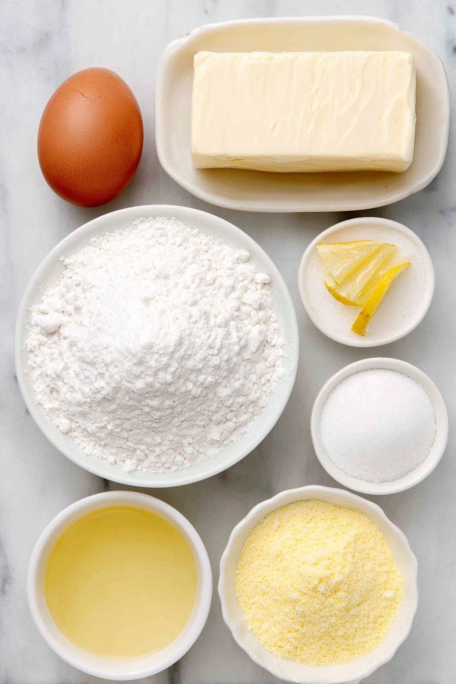Flat lay of a small mound of granulated white sugar, a few thin strips of fresh lemon zest, a whole stick of salted butter, one large uncracked brown egg, a small pile of all-purpose flour, a small heap of cornstarch, a small white ceramic bowl with fresh lemon juice, a small white ceramic bowl filled with powdered sugar, and a small white ceramic bowl containing bright yellow lemonade Kool-Aid powder, all arranged in perfect symmetry on a clean white marble surface, soft natural light, photo taken with an iPhone, professional food photography style, fresh ingredients, white ceramic bowls, no bottles, no duplicates, no utensils, no packaging --ar 2:3 --v 7 --p m7354615311229779997 - Lemon Cooler Cookies, lemon cookies, citrus cookies, cool cookie recipe, lemon dessert