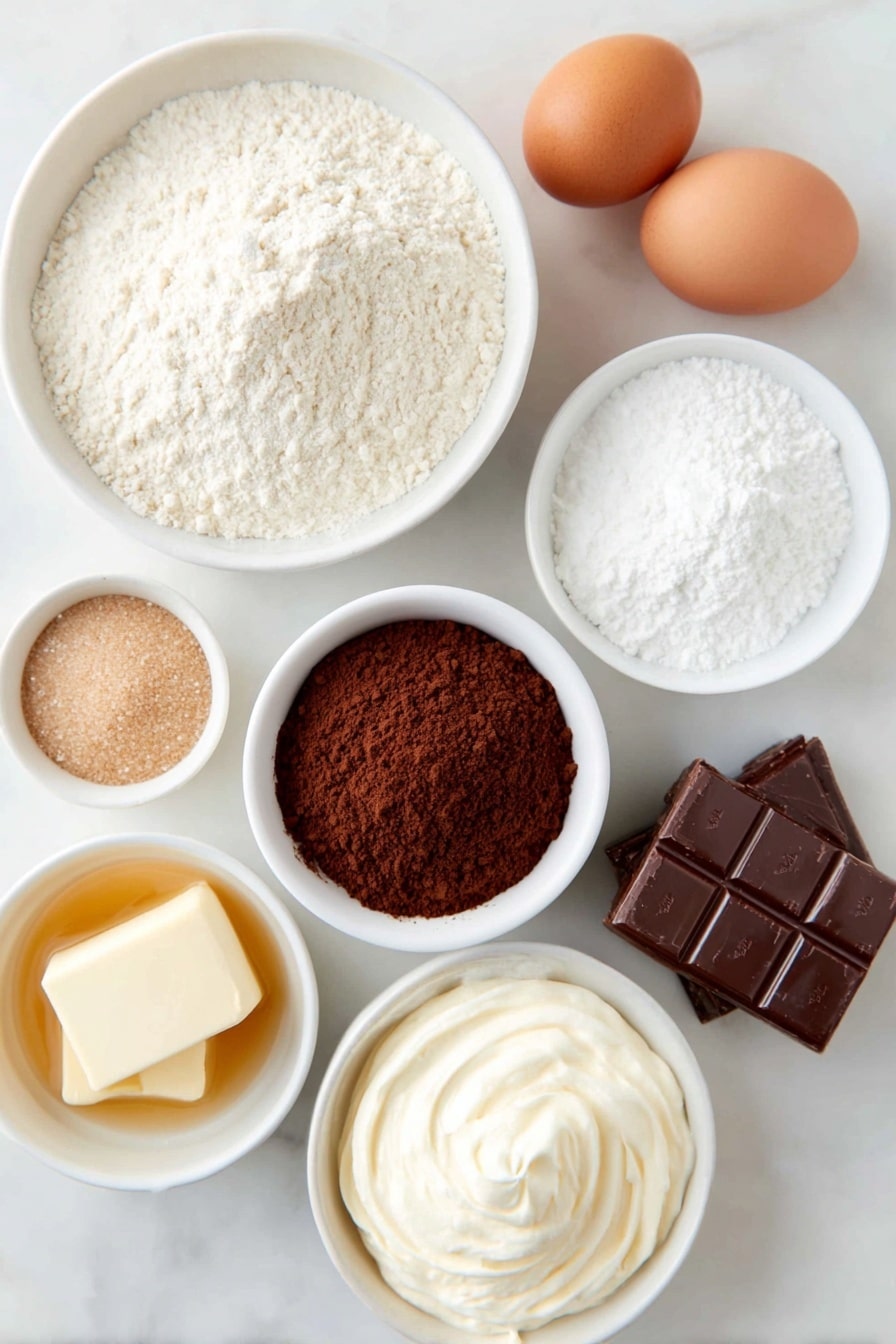 Flat lay of a small mound of unsalted butter softened to room temperature, a neat pile of light brown sugar, a small heap of granulated sugar, two large brown eggs with clean shells, a small white bowl of clear vanilla extract, a white ceramic bowl with all-purpose flour, a white ceramic bowl filled with dark Dutch processed unsweetened cocoa powder, a small white bowl containing white cornstarch, a small mound of baking soda powder, a small pile of fine salt crystals, a large white ceramic bowl holding fluffy white powdered sugar, a small white bowl filled with glossy marshmallow creme, a small white bowl with thick heavy whipping cream, several small chunks of semi-sweet dark chocolate baking bar, and a small white bowl with light golden corn syrup placed on a clean white marble surface, soft natural light, photo taken with an iPhone, professional food photography style, fresh ingredients, white ceramic bowls, no bottles, no duplicates, no utensils, no packaging --ar 2:3 --v 7 --p m7354615311229779997 - Hostess Cupcake Cookies with Marshmallow Frosting, nostalgic cookie recipes, chocolate marshmallow cookies, homemade Hostess cupcake treats, marshmallow frosting cookies