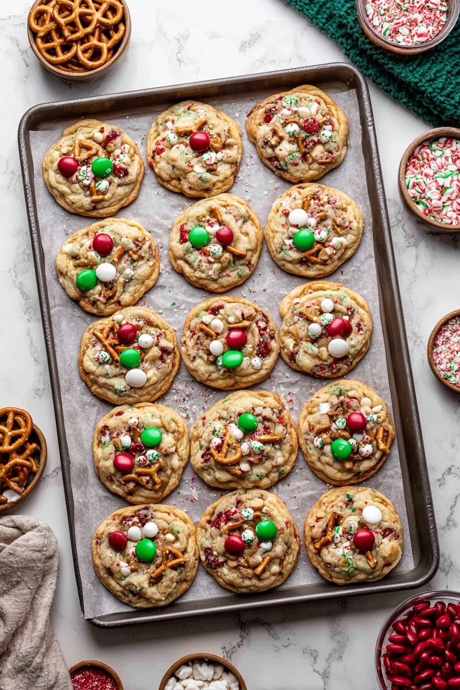 A baking tray filled with fifteen round cookies, each topped with red and green candy-coated chocolates, small white chocolate chips, pretzel pieces, and red and green sprinkles. The cookies have a light golden-brown color and a slightly bumpy texture. The tray is on a white marbled surface with small bowls of pretzels, red and green candies, and white chocolate chips placed around it, adding festive colors. photo taken with an iphone --ar 2:3 --v 7 - Christmas Kitchen Sink Cookies, holiday cookie recipes, festive cookie ideas, homemade Christmas cookies, colorful holiday treats