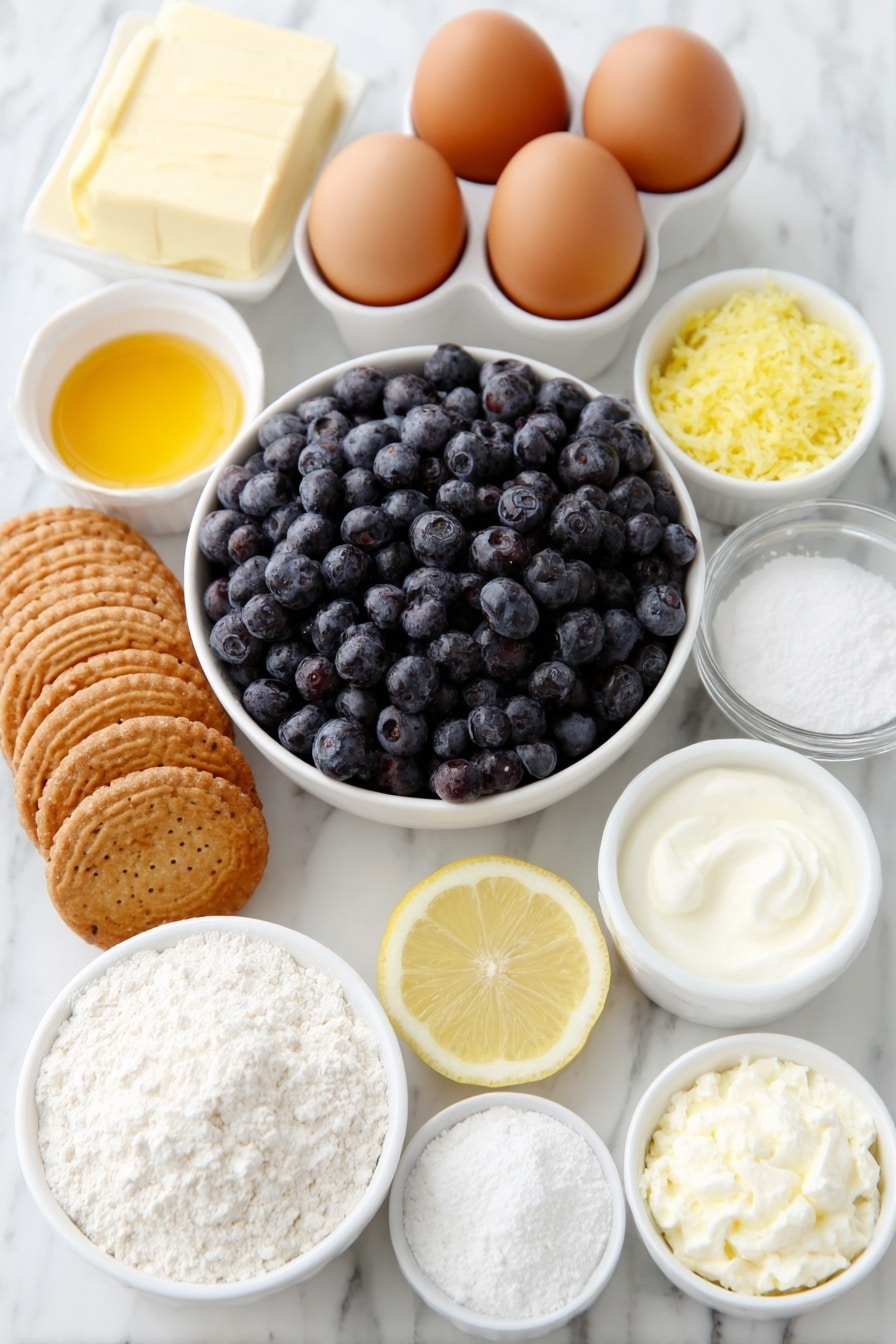 Flat lay of fresh blueberries in a pile, a few bright yellow lemon slices arranged neatly, three whole uncracked brown eggs, three whole uncracked light brown egg yolks in a small white ceramic bowl, a small white ceramic bowl with lemon zest, a small white ceramic bowl with granulated white sugar, a small white ceramic bowl with powdered sugar, a small white ceramic bowl with softened cream cheese, a small white ceramic bowl with softened unsalted butter, a small white ceramic bowl with sour cream, a small white ceramic bowl with cornstarch, a small white ceramic bowl with vanilla extract liquid, a pile of whole Nilla Wafers cookies, a small white ceramic bowl with melted unsalted butter, a small white ceramic bowl with all-purpose flour, a small white ceramic bowl with salt, a small white ceramic bowl with heavy cream, all items spaced evenly and symmetrically, placed on a clean white marble surface, soft natural light, photo taken with an iPhone, professional food photography style, fresh ingredients, white ceramic bowls, no bottles, no duplicates, no utensils, no packaging --ar 2:3 --v 7 --p m7354615311229779997 - Lemon Blueberry Cheesecake with Crumble, Lemon Blueberry Cheesecake, Blueberry Cheesecake with Crumble, Fresh Blueberry Cheesecake, Lemon and Blueberry Dessert