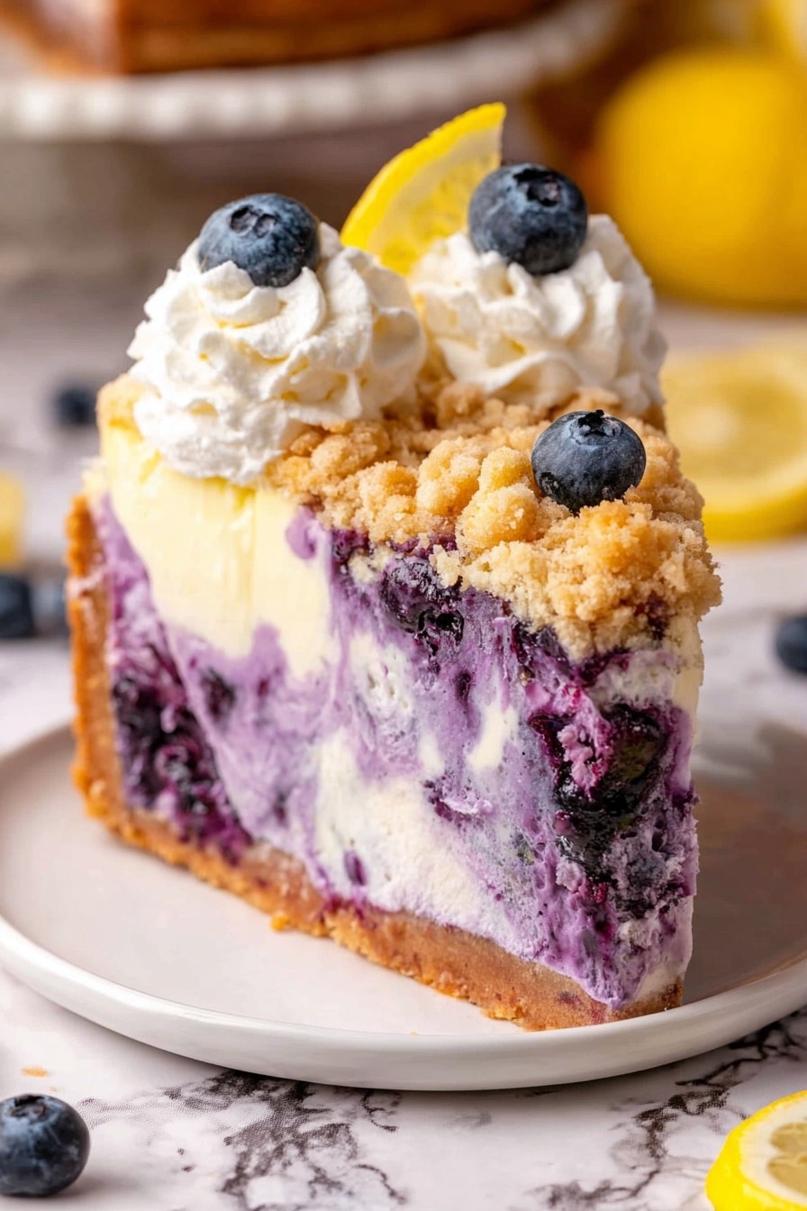 A round cake with three visible layers stands on a white marble cake stand with a wooden base. The bottom layer is thick and light brown, the middle layer is creamy with a purple blueberry swirl, and the top layer has a golden crumbly texture. On the very top, there is a thick white cream border decorated with half lemon slices, blueberries, and small white flowers, evenly spaced around the edge. In front of the cake, there is a small white plate filled with blueberries and lemon slices, also decorated with tiny white flowers. The background shows a white marbled surface and soft cozy lighting. photo taken with an iphone --ar 2:3 --v 7 - Lemon Blueberry Cheesecake with Crumble, Lemon Blueberry Cheesecake, Blueberry Cheesecake with Crumble, Fresh Blueberry Cheesecake, Lemon and Blueberry Dessert