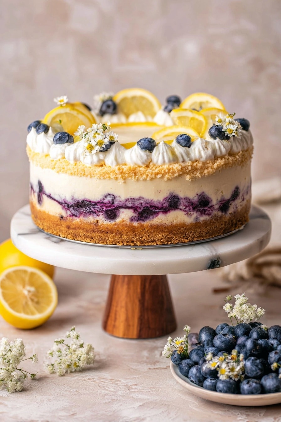 A slice of blueberry cheesecake is shown on a white marble surface with a wooden cake stand. The cake has four visible layers: a light brown crumbly crust at the bottom, a creamy white cheesecake layer above it, a thick deep purple blueberry filling swirled into the cheesecake, and a golden crumb topping. On top of the cake slice, there are dollops of white whipped cream, each topped with a small dark blueberry and a thin, bright yellow lemon slice. The background is a soft, warm beige color, and the scene is lit naturally to highlight the dessert's textures. Photo taken with an iphone --ar 2:3 --v 7 - Lemon Blueberry Cheesecake with Crumble, Lemon Blueberry Cheesecake, Blueberry Cheesecake with Crumble, Fresh Blueberry Cheesecake, Lemon and Blueberry Dessert