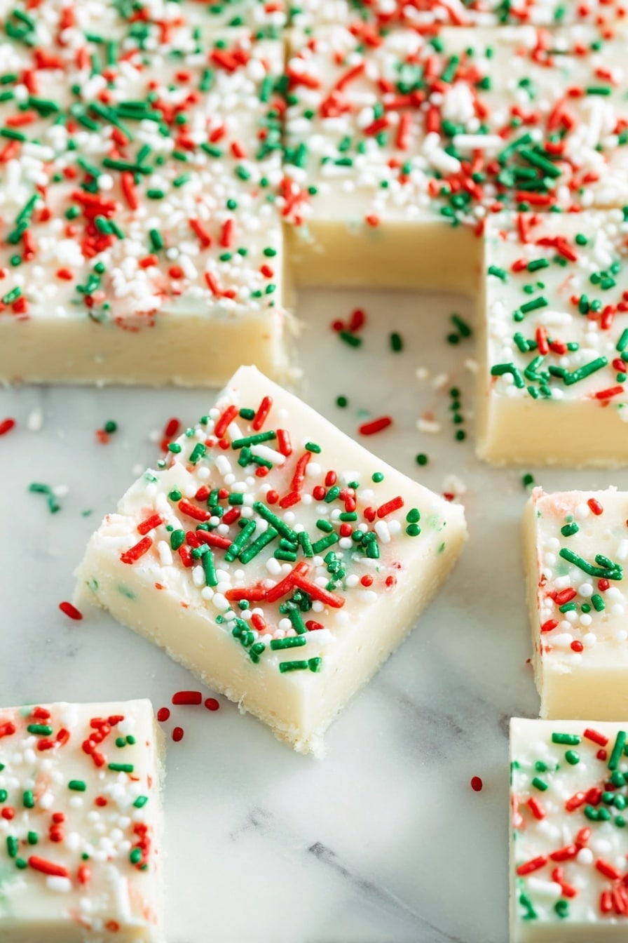 The image shows two square pieces of white fudge stacked on top of each other on a white marbled surface. The fudge has a smooth but slightly crumbly texture with a creamy white color. The top layer of each piece is decorated with red, green, and white sprinkle toppings, adding small bright dots over the creamy surface. The bottom piece supports the top one firmly, and blurred similar fudge pieces can be seen in the background, enhancing the focus on the stacked ones. Photo taken with an iphone --ar 2:3 --v 7 - Christmas Sugar Cookie Fudge, festive fudge recipes, holiday sugar cookie treats, easy Christmas fudge, peppermint sugar cookie fudge
