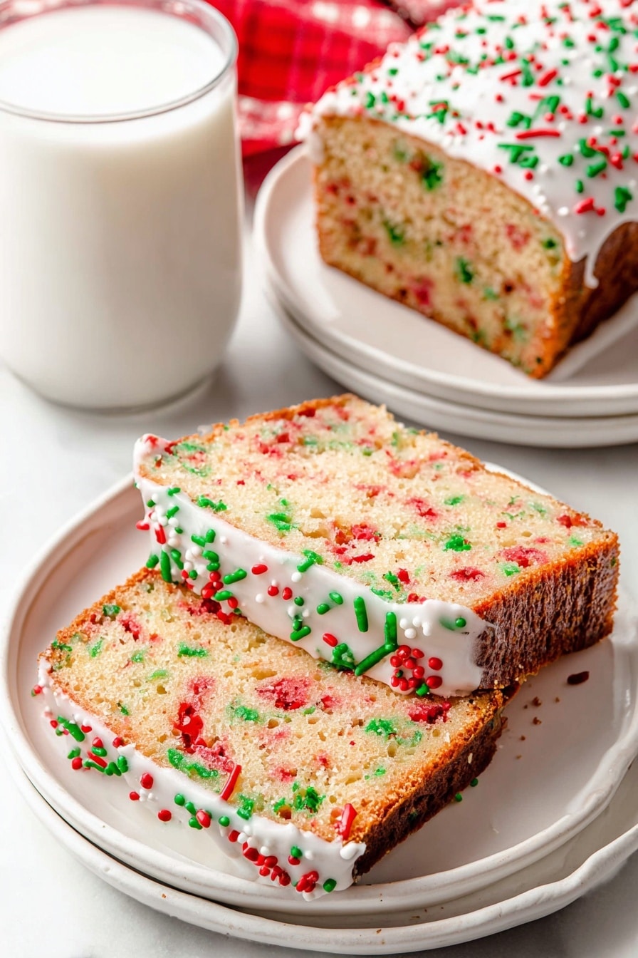 Two thick slices of festive cake rest on a white plate, showing a soft texture filled with evenly spread red and green sprinkles. A thin layer of white icing with scattered red and green sprinkles lines the top edge of each slice. Behind the plate, more of the cake is visible on another white plate, sharing the same iced top with colorful sprinkles. A white glass of milk stands near the plates on a white marbled surface, adding a smooth contrast to the colorful cake pieces. photo taken with an iphone --ar 2:3 --v 7 - Festive Christmas Bread with Sprinkles, Christmas bread recipe, holiday bread with sprinkles, colorful Christmas dessert bread, cinnamon sweet bread for holidays