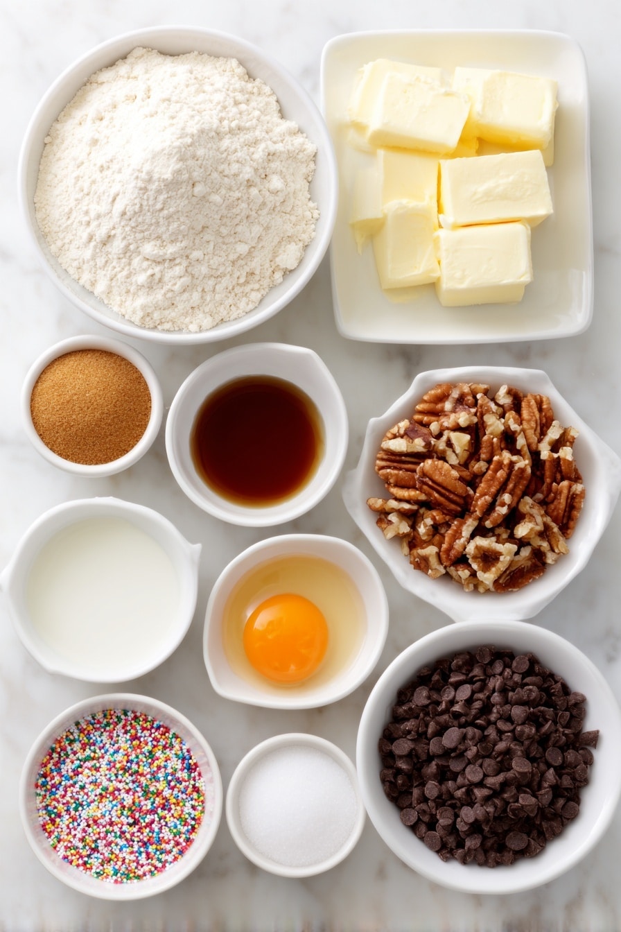 Flat lay of a small mound of all-purpose flour on a simple white ceramic plate, a small white bowl filled with powdered milk, a few grains of salt and a pinch of baking soda arranged neatly on the side, several tablespoons of unsalted butter sliced into even pats on a white ceramic dish, a small white bowl holding granulated sugar, another small white bowl with packed light brown sugar, a small white bowl with light corn syrup, a separate small white bowl containing vanilla extract, one large whole uncracked brown egg beside a small white bowl holding a single large egg yolk, a small pile of whole Saltine crackers stacked neatly, a small white bowl heaping with golden toffee bits, another small white bowl with pecan pieces, a simple white ceramic dish with glossy chocolate chips, and a scattering of colorful holiday sprinkles positioned artfully around, all ingredients looking fresh and natural, perfectly balanced and symmetrical, placed on a clean white marble surface, soft natural light, photo taken with an iPhone, professional food photography style, fresh ingredients, white ceramic bowls, no bottles, no duplicates, no utensils, no packaging --ar 2:3 --v 7 --p m7354615311229779997 - Christmas Crack Toffee Cookies, salty sweet toffee cookies, holiday toffee cookies recipe, buttery chocolate toffee treats, easy Christmas cookie recipes