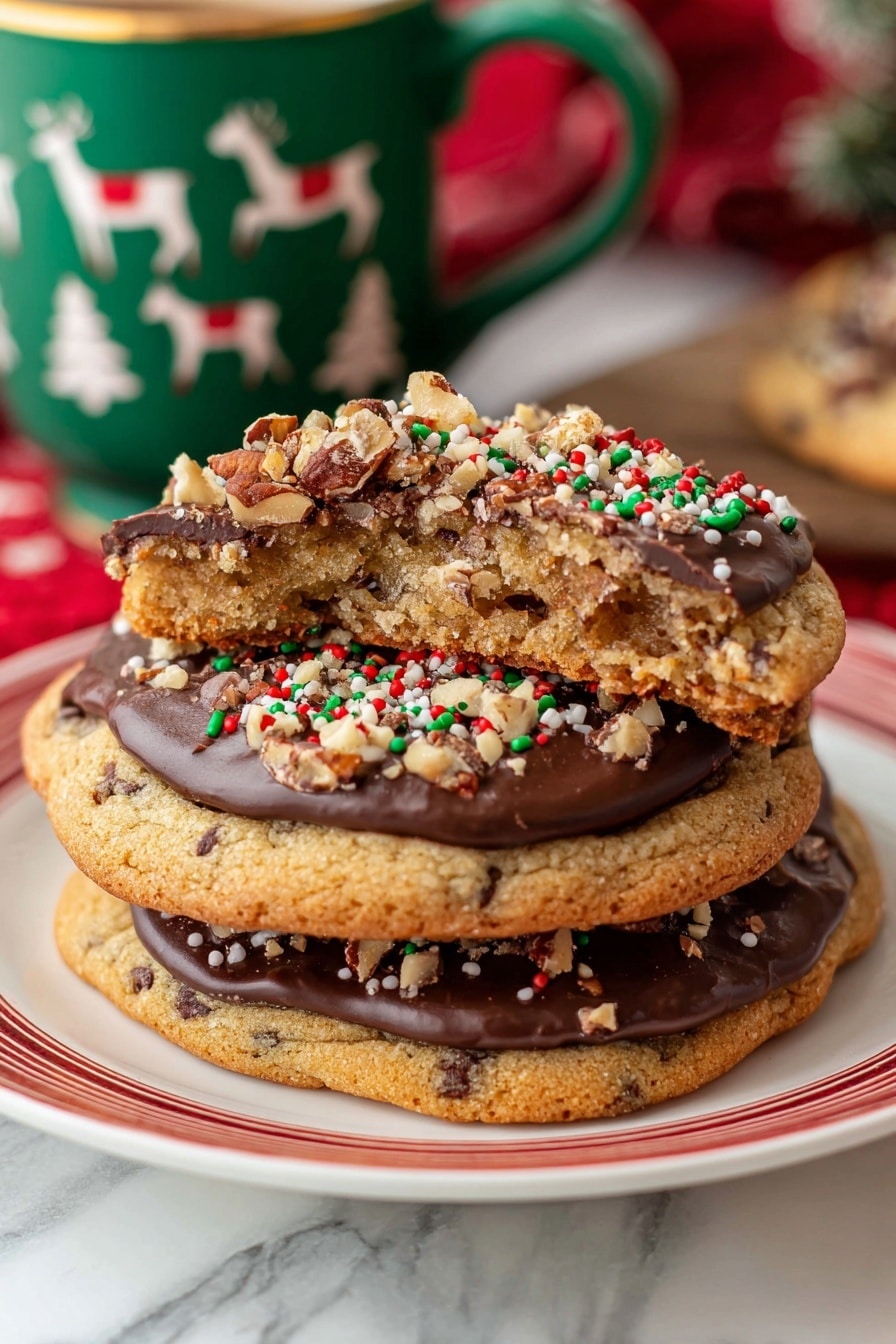 A close-up view of a large cookie held by a woman's hand with light skin and pink nails, showing three layers: the bottom layer is a golden-brown textured cookie, the middle layer is a thick, smooth dark chocolate spread covering the top surface, and the top layer is sprinkled with small chopped nuts and colorful round and stick-shaped sprinkles in red, green, and white. In the background, another cookie with the same layers is partially visible lying on a white marbled surface, along with a white ceramic plate holding more cookies and a green holiday-themed cup filled with milk, set against a red background with blurred Christmas decorations. photo taken with an iphone --ar 2:3 --v 7 - Christmas Crack Toffee Cookies, salty sweet toffee cookies, holiday toffee cookies recipe, buttery chocolate toffee treats, easy Christmas cookie recipes