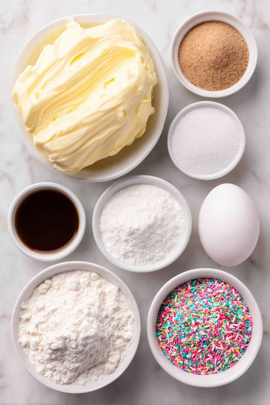 Flat lay of a small mound of soft, pale yellow butter, a small white bowl filled with white granulated sugar, a small white bowl containing light brown sugar, one large whole egg white with a clean shell, a small white bowl of clear vanilla extract, a small heap of white all-purpose flour, a small white bowl with fine baking soda, a small white bowl with fine baking powder, a small white bowl of fine salt, and a small white bowl overflowing with colorful rainbow sprinkles, all arranged in perfect symmetry on a clean white marble surface, soft natural light, photo taken with an iPhone, professional food photography style, fresh ingredients, white ceramic bowls, no bottles, no duplicates, no utensils, no packaging --ar 2:3 --v 7 --p m7354615311229779997 - Sprinkle Sugar Cookies, sprinkle sugar cookies, colorful sugar cookies, soft chewy sugar cookies, easy cookie recipes