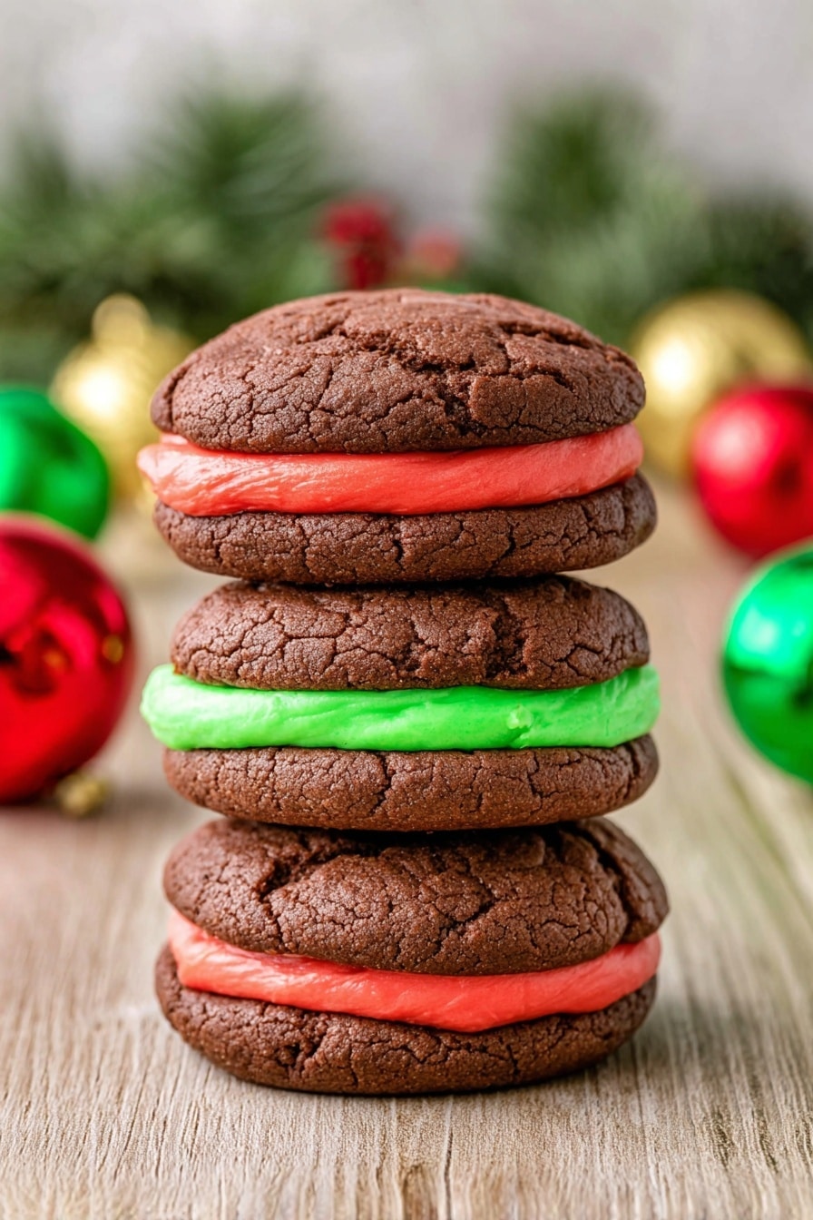 The image shows a close-up of a chocolate whoopie pie with two soft, round, and slightly cracked dark brown cake layers. Between the two cake layers is a bright green creamy filling that looks smooth and thick, spread evenly in the center. The top cake layer has a bite taken out, revealing the dense, moist texture inside. The whoopie pie sits on a light brown wooden surface, with a blurred background that has green pine branches and a red ornament, creating a festive feel. Photo taken with an iphone --ar 2:3 --v 7 - Christmas Whoopie Pies with Marshmallow Filling, holiday whoopie pies, Christmas dessert recipes, festive marshmallow cookies, easy holiday treats