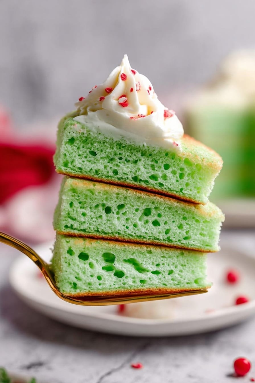 A stack of six thick green pancakes sits on a white plate, each pancake showing a soft and fluffy texture with light golden edges. White sauce gently drips down the sides, covering part of the top pancake. On top, a large swirl of light green whipped cream is decorated with small red heart-shaped sprinkles. The scene is set on a white marbled surface with a soft gray background, creating a clean and bright look. photo taken with an iphone --ar 2:3 --v 7 - Grinch Green Pancakes with Cream Cheese Icing, festive holiday pancakes, green Christmas breakfast, fluffy green pancake recipe, holiday brunch ideas