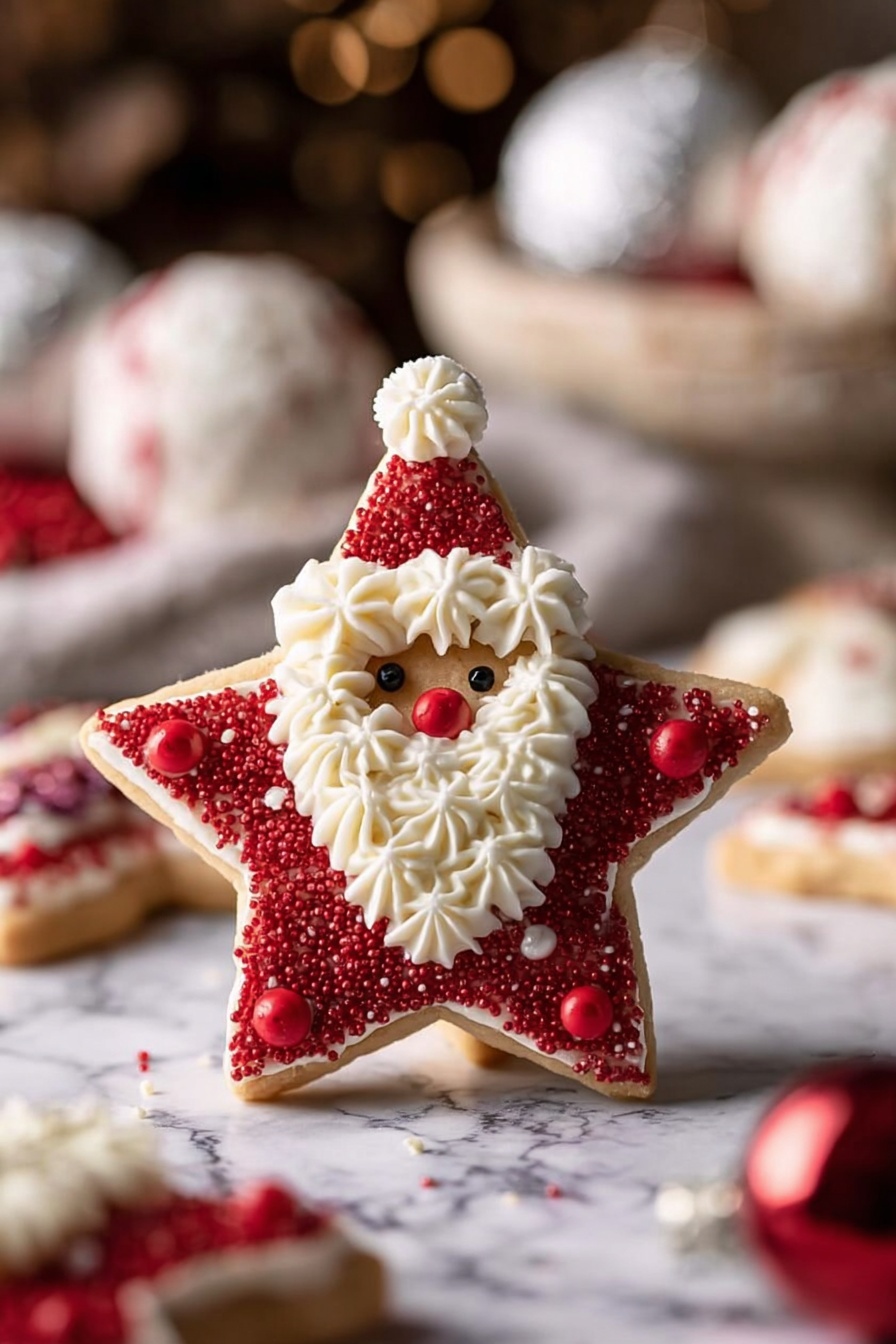 The image shows a collection of Christmas cookies on a wooden surface dusted with white powdered sugar. There are three main shapes: snowflakes, Christmas trees, and stars. The snowflake cookies are pale brown with detailed white icing patterns that look like fine lines and dots, some with small silver ball sprinkles. The pine tree cookies have a white icing layer that covers most of the surface with silver balls placed along the edges. The star cookies are bright red with red sprinkles as the base layer, topped with white icing shaped like Santa's beard and face, with small red berry-like decorations for eyes and nose. In the top left corner is a glittery red and gold round Christmas ornament. The background is a white marbled texture. photo taken with an iphone --ar 2:3 --v 7 - Santa Cookie Without Recipe, holiday cookies, vanilla frosting recipes, festive Christmas cookies, easy holiday baking