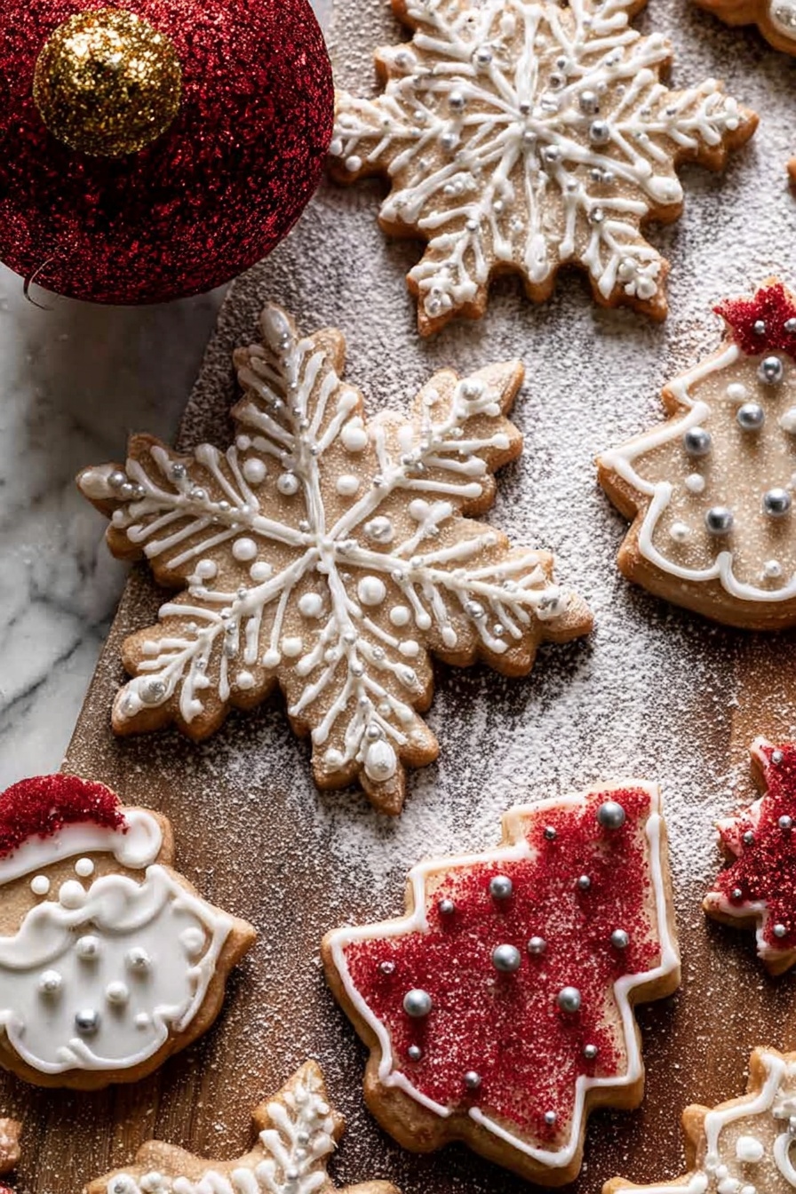 The image shows a close-up of a golden brown snowflake-shaped cookie with detailed white icing forming branch patterns and small silver balls placed along the lines for decoration. The cookie has a light dusting of sugar giving it a sparkly effect. Behind it, there is a round, dark red Christmas ornament with golden stripes resting on the white marbled surface. Surrounding the cookie, blurred red and white decorated cookies can be seen, some with small white dollops of icing and red berries. The surface is lightly sprinkled with sugar, enhancing the festive feel. Photo taken with an iphone --ar 2:3 --v 7 - Santa Cookie Without Recipe, holiday cookies, vanilla frosting recipes, festive Christmas cookies, easy holiday baking