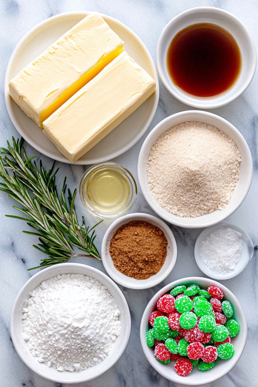 Flat lay of two sticks of salted butter, a small white bowl of granulated sugar, a small white bowl of light brown sugar, fresh lemon with bright yellow lemon zest, a small white bowl of clear vanilla extract, a small mound of all purpose flour, a small white bowl of kosher salt, a small white bowl containing ground ginger, a small white bowl of ground cinnamon, a small white bowl of ground cardamom, a small white bowl of powdered sugar, fresh rosemary sprigs coated with sparkling sugar crystals, assorted colorful holiday candies, all arranged symmetrically on simple white ceramic bowls and plates placed on a clean white marble surface, soft natural light, photo taken with an iPhone, professional food photography style, fresh ingredients, white ceramic bowls, no bottles, no duplicates, no utensils, no packaging --ar 2:3 --v 7 --p m7354615311229779997 - Vanilla Ginger Wreath Cookies, holiday cookie recipes, festive Christmas cookies, spiced ginger cookies, wreath shaped cookies