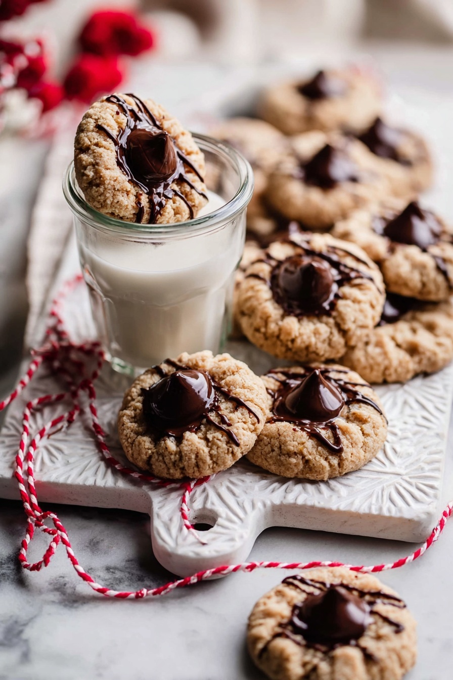 The image shows a close-up view of several soft, round cookies with a light brown color and a rough, crumbly texture. Each cookie has a smooth, shiny dark chocolate kiss placed right in the center. Dark chocolate is drizzled in thin lines over the top of the cookies, creating a nice contrast with the lighter cookie base. A few coarse salt flakes are scattered over the cookies, adding a slight sparkle. The cookies sit on a white marbled surface, and a woman's hand holding one of the cookies with a decorative handle is visible in the foreground. photo taken with an iphone --ar 2:3 --v 7 - Chocolate Peanut Butter Crinkle Cookies, peanut butter and chocolate cookies, soft crinkle cookies, easy cookie recipes, chocolate peanut butter treats