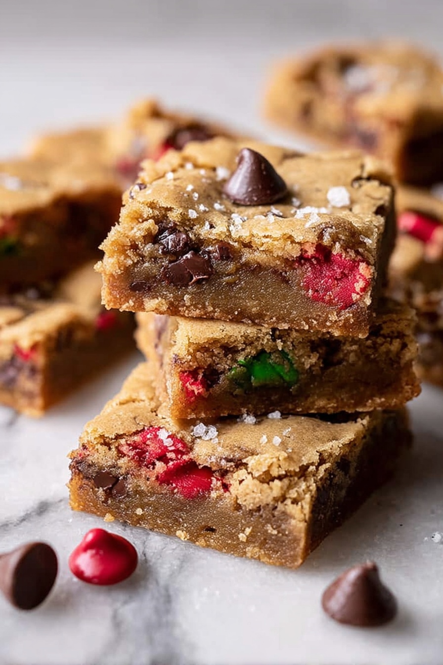 The image shows several square pieces of cookie bars stacked and scattered on a white marbled surface. Each cookie bar has a thick, golden-brown base with visible colorful candy bits mixed inside, mainly red and green, adding texture and color. The top of the bars is slightly cracked, with one piece on top showcasing a smooth, shiny dark chocolate chip placed in the center. The cookie bars have a soft, dense texture and look freshly baked with a light sprinkling of coarse salt on top, enhancing the presentation. Photo taken with an iphone --ar 2:3 --v 7 - Brown Butter M&M Cookie Bars, chocolate chip cookie bars, festive cookie bar recipe, chewy M&M bars, easy cookie bar dessert