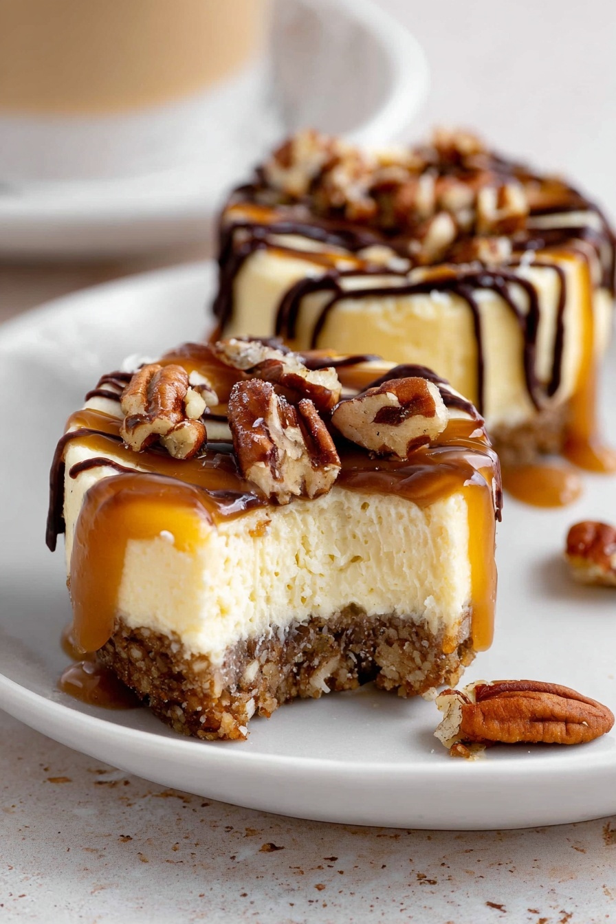 A cooling rack holds 12 small round white chocolate tarts with ridged edges. Each tart has a smooth cream-colored base, topped with orange caramel drizzles, dark brown chocolate lines, and sprinkled with chopped pecans. In the background on the white marbled surface, there is a small glass pitcher filled with caramel sauce with a light wooden handle, a white bowl with whole pecans, and a small wooden bowl with dark chocolate chips. A white cloth with a light brown checkered pattern is seen in the top left corner. photo taken with an iphone --ar 2:3 --v 7 - Mini Turtle Cheesecake Bites, chocolate caramel cheesecake bites, no-bake mini cheesecakes, bite-sized turtle dessert, easy turtle cheesecake treats