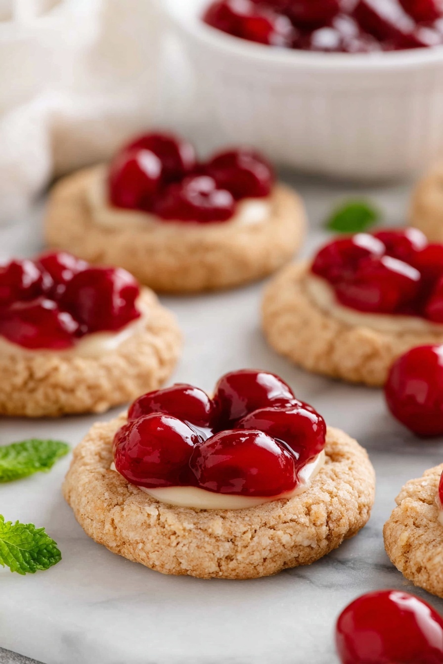 The image shows a white rectangular plate on a white marbled surface with about ten round cookies. Each cookie has two layers: the base is a golden-brown, rough-textured cookie, and the top layer is a dollop of creamy white filling in the center. Several cookies are topped with a shiny, bright red cherry sauce, which has whole cherries visible and a smooth, glossy texture. There is also a small white bowl filled with the cherry topping on the left side of the plate, with a spoon inside it. Some green mint leaves are placed near the cookies and bowl for decoration. The photo taken with an iphone --ar 2:3 --v 7 - Cherry Cheesecake Cookies, cherry cheesecake dessert, easy cookies with cherry and cream cheese, summer fruit cookie recipes, festive cheesecake cookies