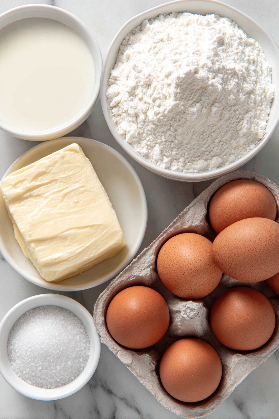 Flat lay of a small white ceramic bowl of whole milk, a small white ceramic bowl of cornstarch powder, a pinch of coarse sea salt scattered delicately, a small white ceramic bowl filled with granulated white sugar, three whole uncracked brown eggs, a small pat of pale yellow butter, and a small white ceramic bowl containing clear vanilla extract, all arranged in perfect symmetry with balanced proportions, placed on a clean white marble surface, soft natural light, photo taken with an iPhone, professional food photography style, fresh ingredients, white ceramic bowls, no bottles, no duplicates, no utensils, no packaging --ar 2:3 --v 7 --p m7354615311229779997 - Homemade Vanilla Pudding, vanilla pudding recipe, easy vanilla pudding, creamy vanilla dessert, classic vanilla pudding
