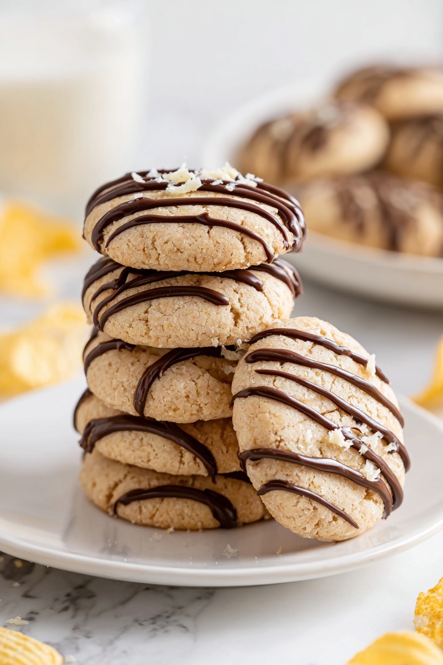 Round cookies with a light golden color are arranged in rows on a cooling rack. Each cookie has three thick dark brown chocolate drizzle stripes running diagonally on top, giving a smooth and shiny texture. The rack sits on a white marbled surface. The cookies look soft with a slightly crumbly texture. In the background, blurred shapes of other dishes or bowls can be seen. Photo taken with an iphone --ar 2:3 --v 7 - Potato Chip Cookies with Pecan and Chocolate, salty sweet cookies, crunchy potato chip cookies, pecan chocolate cookies, easy homemade snack