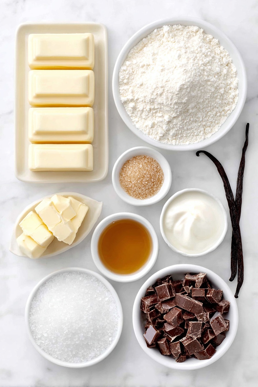 Flat lay of twelve tablespoons of unsalted butter in a neat rectangular block, a small white bowl of fine granulated sugar with tiny crystals sparkling, a simple white bowl filled with all-purpose flour showing a soft, powdery texture, a tiny mound of fine sea salt crystals on a white ceramic plate, a small white bowl holding thick and glossy sweetened condensed milk, a handful of butter cubes arranged beside it, a small white bowl with golden light corn syrup shimmering, a small heap of packed light brown sugar with rich molasses tones, a single vanilla bean pod alongside a small bowl filled with smooth vanilla bean paste, a small white bowl filled with coarsely chopped semisweet chocolate pieces showing dark, shiny chunks, a small white bowl containing a smooth pool of pale coconut oil, and a few flakes of coarse sea salt lightly scattered on a white ceramic dish, placed on a clean white marble surface, soft natural light, photo taken with an iPhone, professional food photography style, fresh ingredients, white ceramic bowls, no bottles, no duplicates, no utensils, no packaging --ar 2:3 --v 7 --p m7354615311229779997 - Millionaire Shortbread Bars, easy millionaire shortbread, caramel chocolate bars, decadent shortbread dessert, homemade millionaire bars