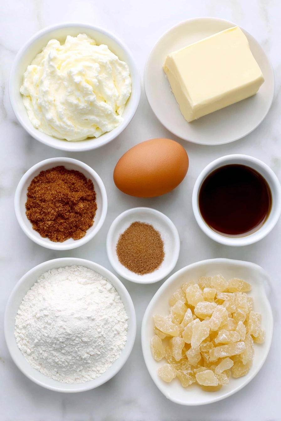 Flat lay of granulated sugar in a small white bowl, unsalted butter as a smooth, pale yellow block on a white ceramic plate, one whole brown egg with a clean shell, a small white bowl of golden-brown molasses, unsweetened applesauce in a small white bowl with a soft creamy texture, a mound of all-purpose flour on a white ceramic plate, baking soda as a fine white powder in a small white bowl, ground cinnamon as a warm brown powder in a small white bowl, ground ginger as a light beige powder in a small white bowl, ground cloves as a dark brown powder in a small white bowl, a pinch of salt crystals on a white ceramic plate, hot water in a small white bowl with clear liquid, finely chopped crystallized ginger pieces on a white ceramic plate — placed on a clean white marble surface, soft natural light, photo taken with an iPhone, professional food photography style, fresh ingredients, white ceramic bowls, no bottles, no duplicates, no utensils, no packaging --ar 2:3 --v 7 --p m7354615311229779997 - Gingerbread Cake Molasses, gingerbread cake recipe, holiday gingerbread cake, moist gingerbread cake with molasses, festive gingerbread dessert