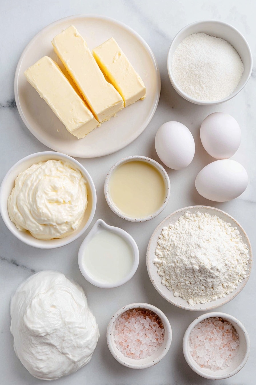 Flat lay of unsalted butter cut into thick blocks, granulated white sugar in a small white ceramic bowl, sour cream dolloped on a simple white plate, a few whole large white eggs with clean shells, all purpose flour loosely piled on a white ceramic dish, small white bowls containing milk and clear water, a tiny white bowl with a golden vanilla extract liquid, salted butter slabs, a mound of white powdered sugar on a white plate, a small white bowl with delicate pale pink icing color, another small white bowl with ivory icing color, and a small white bowl with white sparkling sugar crystals, all arranged symmetrically on a clean white marble surface, soft natural light, photo taken with an iPhone, professional food photography style, fresh ingredients, white ceramic bowls, no bottles, no duplicates, no utensils, no packaging --ar 2:3 --v 7 --p m7354615311229779997 - Rose Water Vanilla Layer Cake, floral vanilla layer cake, wedding cake with rose water, elegant vanilla cake recipe, homemade rose water cake