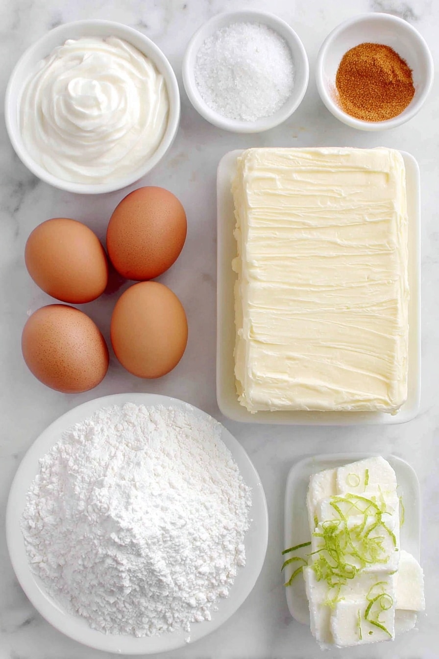 Flat lay of unsalted butter block, granulated sugar in a small white ceramic bowl, sour cream dollop on a white plate, vanilla bean pod, three whole brown eggs with clean shells, all-purpose flour in a small white ceramic bowl, baking powder teaspoon on white plate, ground ginger pile on a small white ceramic bowl, table salt pinch on a white plate, ginger beer in small white ceramic bowl, clear vodka in small white ceramic bowl, butter block for frosting, shortening scoop on white plate, powdered sugar mound in a small white ceramic bowl, fresh lime zest with green strips on white plate placed on a clean white marble surface, soft natural light, photo taken with an iPhone, professional food photography style, fresh ingredients, white ceramic bowls, no bottles, no duplicates, no utensils, no packaging --ar 2:3 --v 7 --p m7354615311229779997 - Ginger Moscow Mule Cupcake, Moscow Mule cupcake, spicy ginger cupcake, citrus ginger dessert, unique cupcake recipes