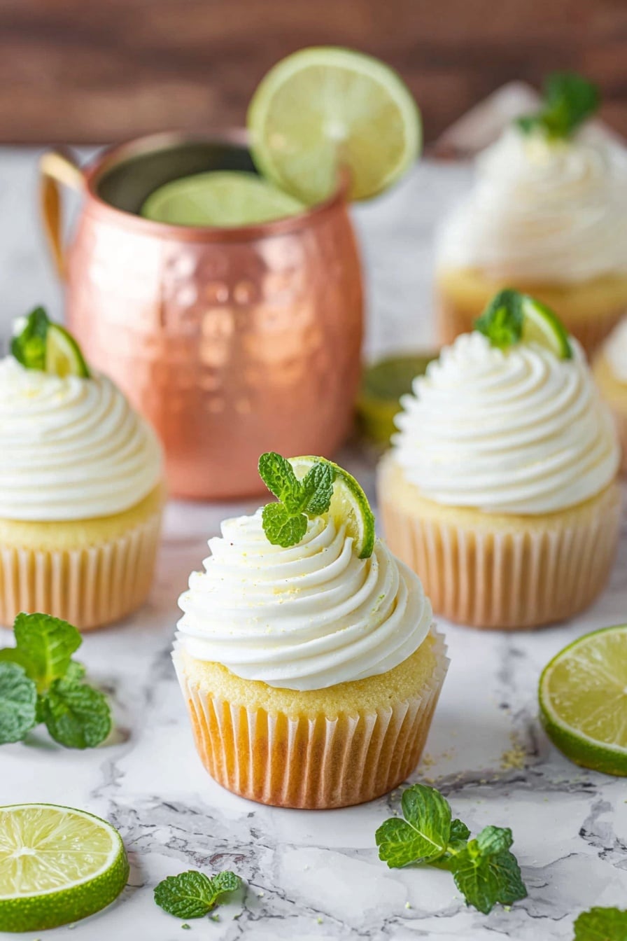 The image shows several cupcakes placed on a white marbled surface. Each cupcake has a yellow base and is topped with three thick swirls of white frosting. On top of the frosting, there is a small slice of lime and a fresh green mint leaf as decoration. Around the cupcakes, there are some loose green mint leaves and lime slices for added color. In the background, there is a hammered copper mug with a handle, holding a lime slice on top. The whole scene has a fresh and bright look. photo taken with an iphone --ar 2:3 --v 7 - Ginger Moscow Mule Cupcake, Moscow Mule cupcake, spicy ginger cupcake, citrus ginger dessert, unique cupcake recipes