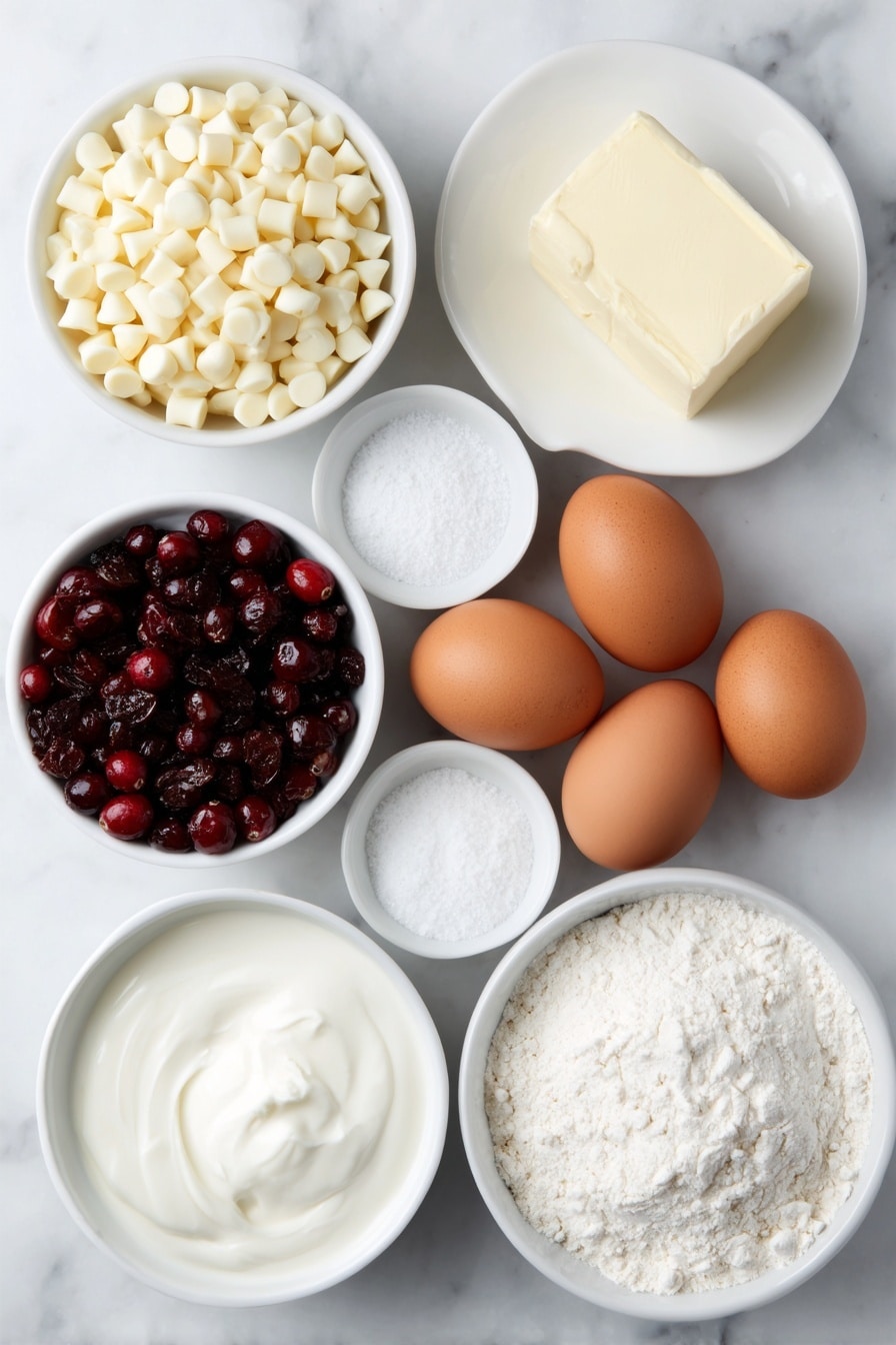 Flat lay of a small white ceramic bowl of fresh whole cranberries, a small white ceramic bowl filled with white chocolate chips, a small white ceramic bowl of heavy whipping cream, a small white ceramic bowl containing granulated sugar, a pat of unsalted butter on a white ceramic plate, a small white ceramic bowl of sour cream, three whole uncracked brown eggs arranged symmetrically on the white surface, a small white ceramic bowl of all-purpose flour, a small white ceramic bowl of milk, a small white ceramic bowl of clear water, and a few sprigs of vanilla pods, placed on a clean white marble surface, soft natural light, photo taken with an iPhone, professional food photography style, fresh ingredients, white ceramic bowls, no bottles, no duplicates, no utensils, no packaging --ar 2:3 --v 7 --p m7354615311229779997 - Cranberry White Chocolate Bundt Cake, festive holiday cake, cranberry dessert, white chocolate cake, moist Bundt cake recipe