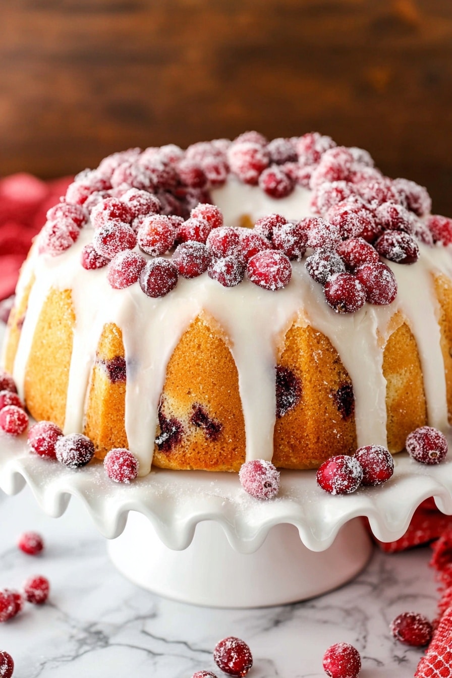 A single slice of yellow cake with red berry swirls inside sits on a white plate with a lace-like edge; the cake has a smooth white icing layer around its base and several frosted red berries on top and around it. Next to the cake is a silver fork. In the background, there is a white bowl filled with bright red and frosted berries on a red cloth. Part of a white plate holding more cake slices topped with white icing and decorated with frosted red berries is visible, all set on a white marbled surface. photo taken with an iphone --ar 2:3 --v 7 - Cranberry White Chocolate Bundt Cake, festive holiday cake, cranberry dessert, white chocolate cake, moist Bundt cake recipe