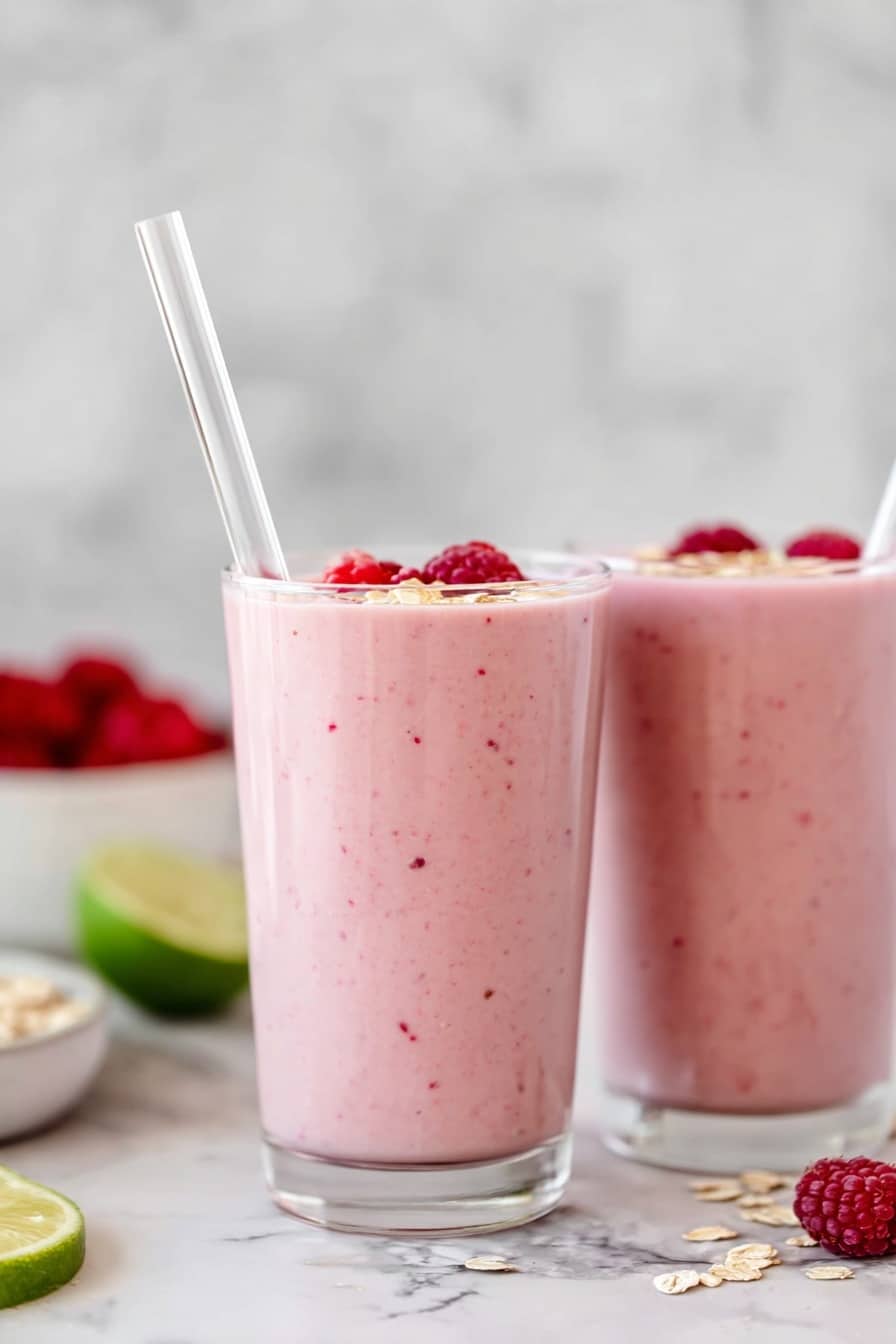 Two clear glasses filled nearly to the top with a thick, light pink smoothie. The smoothie has tiny red bits mixed in, giving it a soft, creamy texture. On the surface of the smoothie, there are whole red raspberries and small pieces of oats or a similar topping. Each glass has a clear, straight straw poking out from the top. The glasses sit on a white marbled surface, with a blurred white bowl filled with more raspberries and a halved green lime in the background. A few scattered oats and raspberries lie on the surface near the base of the glasses. Photo taken with an iphone --ar 2:3 --v 7 - Mango Raspberry Smoothie with Chia Seeds, healthy mango raspberry smoothie, easy fruit smoothie recipes, nutritious chia seed smoothies, vibrant berry mango drink