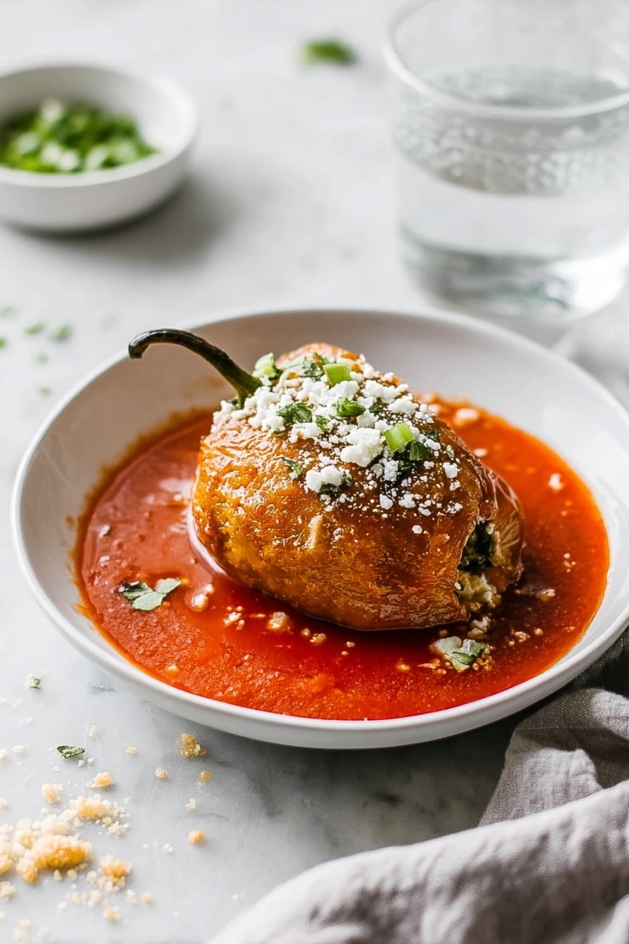 The dish shows two pieces of golden brown fried rolled food on a white plate, sitting on a thick red sauce base. One piece is whole, while the other piece is broken in half with a silver fork holding it, showing layered white melted cheese and green chili inside a crispy outer shell. Some white cheese crumbles and chopped green herbs are sprinkled on top and around the dish, which is on a white marbled surface. The close-up shot focuses on the textures of the crispy shell, melted cheese, and chunky sauce photo taken with an iphone --ar 2:3 --v 7 - Crispy Chile Relleno with Spicy Salsa, Chile Relleno, Roasted Poblano Recipes, Spicy Salsa Roja, Stuffed Poblano Pepper Dish