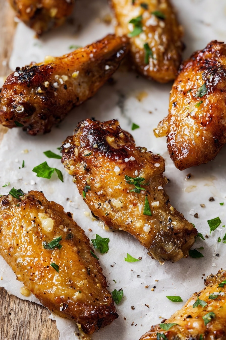 The image shows a wooden board covered with white parchment paper on a white marbled texture surface. On the paper, there are about ten golden brown chicken wings scattered. The wings have a slightly crispy texture and are sprinkled with small bits of garlic and green parsley leaves. To the upper right side of the board is a small white bowl filled with creamy white sauce, topped with black pepper and green herbs. Around the board, there are thin lemon slices and lemon wedges placed on a small white plate and directly on the white marbled surface. A few fresh parsley leaves are also scattered around. In the background, two glasses with a amber-colored drink are visible. photo taken with an iphone --ar 2:3 --v 7 - Lemon Garlic Parmesan Chicken Wings, crispy chicken wings with lemon garlic, easy chicken wing recipe, baked chicken wings with Parmesan, flavorful wings for game day