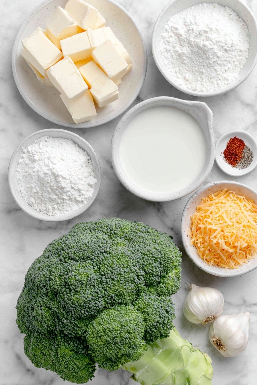 Flat lay of a small white ceramic bowl of unsalted butter cubes, one medium diced onion, two whole uncracked garlic cloves, a small white ceramic bowl of all-purpose flour, a small white ceramic bowl of vegetable broth, a small white ceramic bowl of whole milk, a sprinkle of salt and paprika and pepper arranged neatly on the surface, one large head of broccoli with fresh green florets, one large bright orange grated carrot pile, and a small mound of freshly grated smoked Gouda cheese all spaced evenly and symmetrically on a clean white marble surface, soft natural light, photo taken with an iPhone, professional food photography style, fresh ingredients, white ceramic bowls, no bottles, no duplicates, no utensils, no packaging --ar 2:3 --v 7 --p m7354615311229779997 - Smoked Gouda Broccoli Soup, cheesy broccoli soup, smoky vegetable soup, creamy broccoli and cheese soup, quick healthy broccoli soup